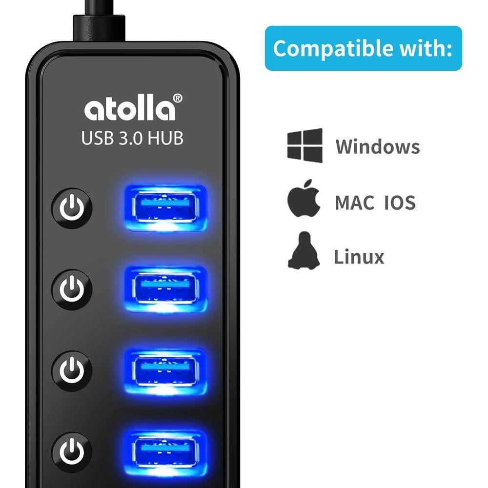 Hub USB 3.0 Atolla 7 Puertos con Carga Inteligente y Switch