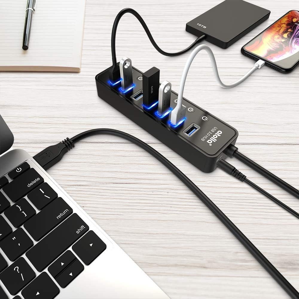 Hub USB 3.0 Atolla 7 Puertos con Carga Inteligente y Switch