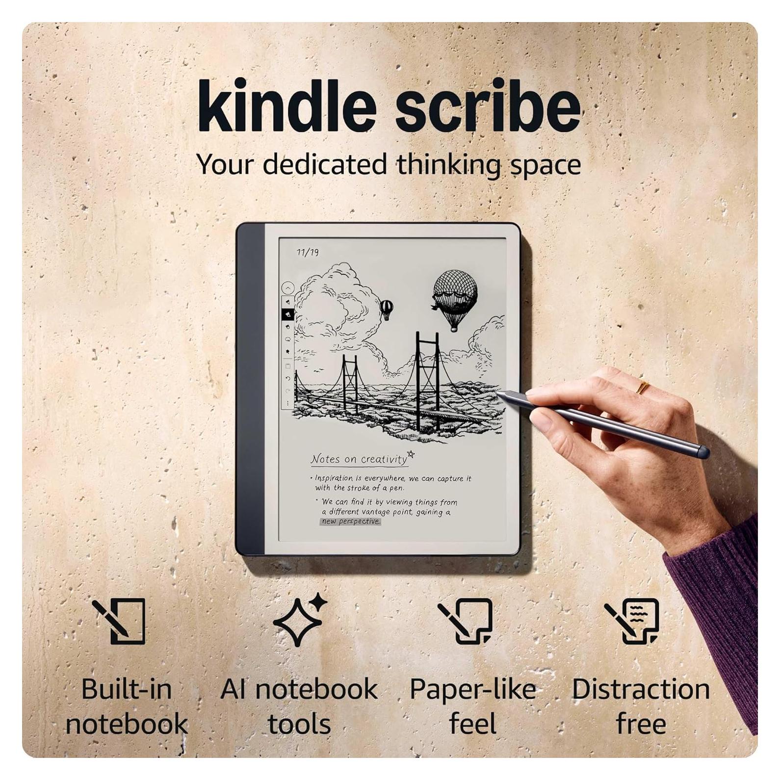Amazon Kindle Scribe (16GB) - Your notes, documents and books, all in one place. With built-in AI notebook summarization. Includes Premium Pen - Tungsten + 3 months of Kindle Unlimited (with auto-renewal)