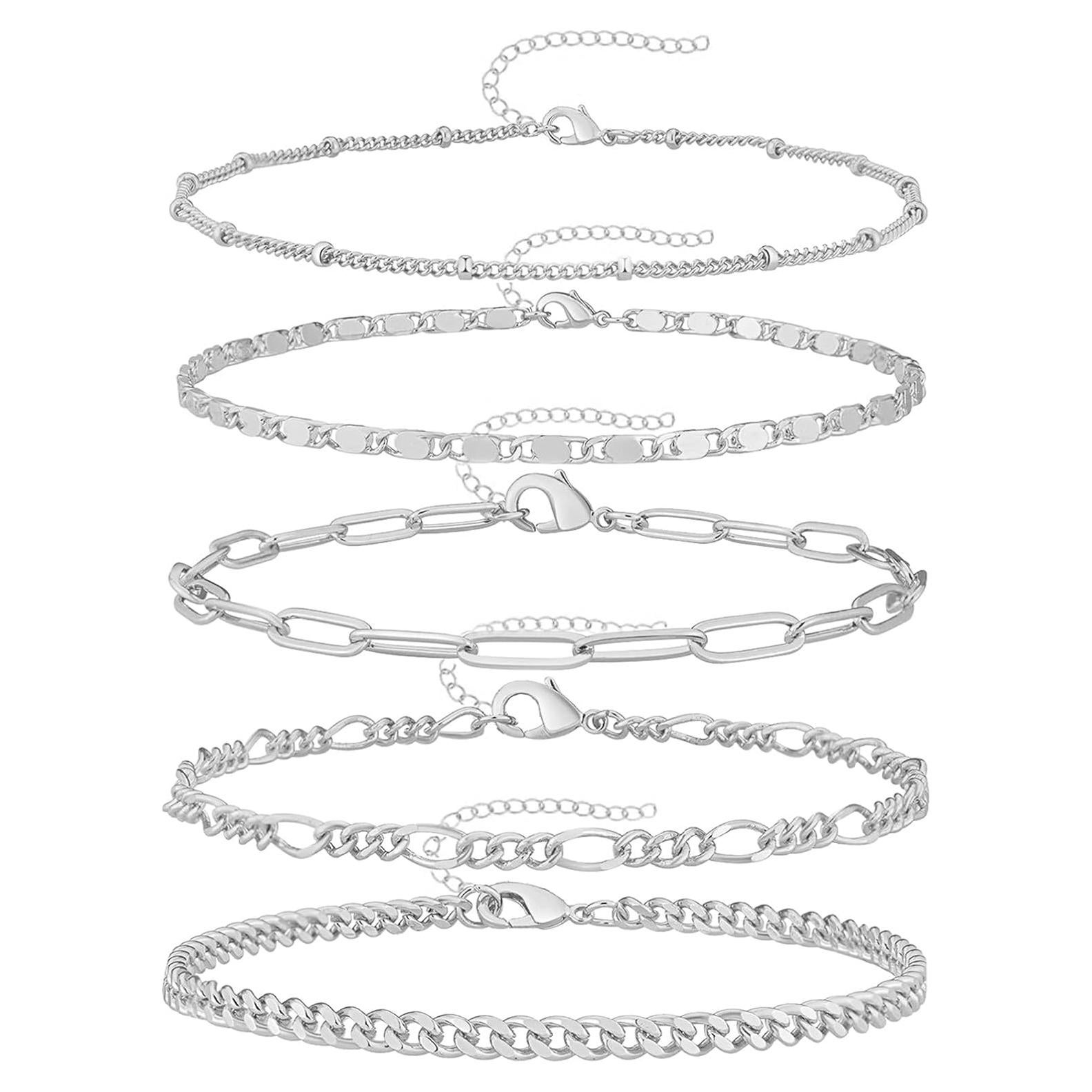 Juego de Pulseras de Tobillo para Mujeres 14K Plata y Oro Ajustables