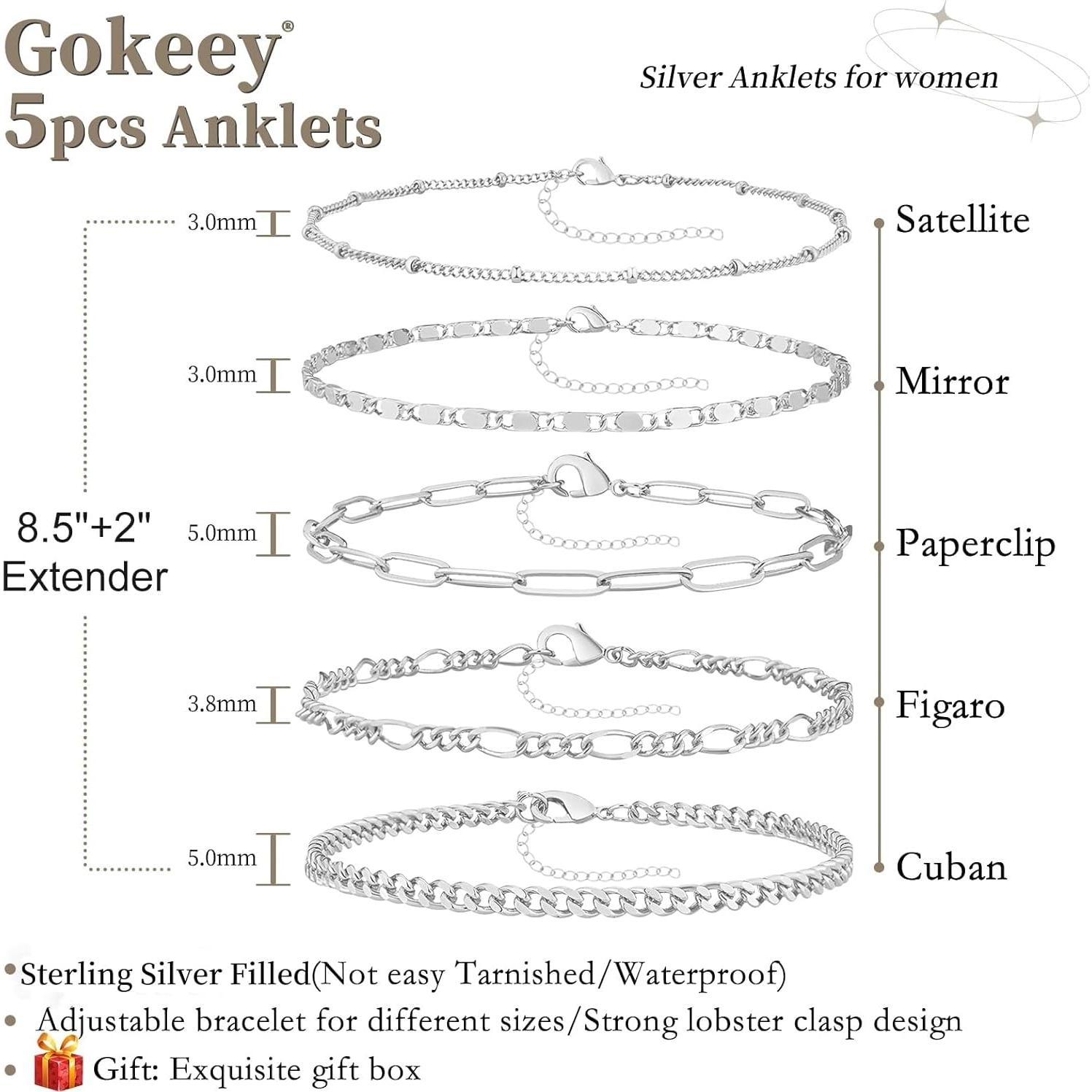 Juego de Pulseras de Tobillo para Mujeres 14K Plata y Oro Ajustables