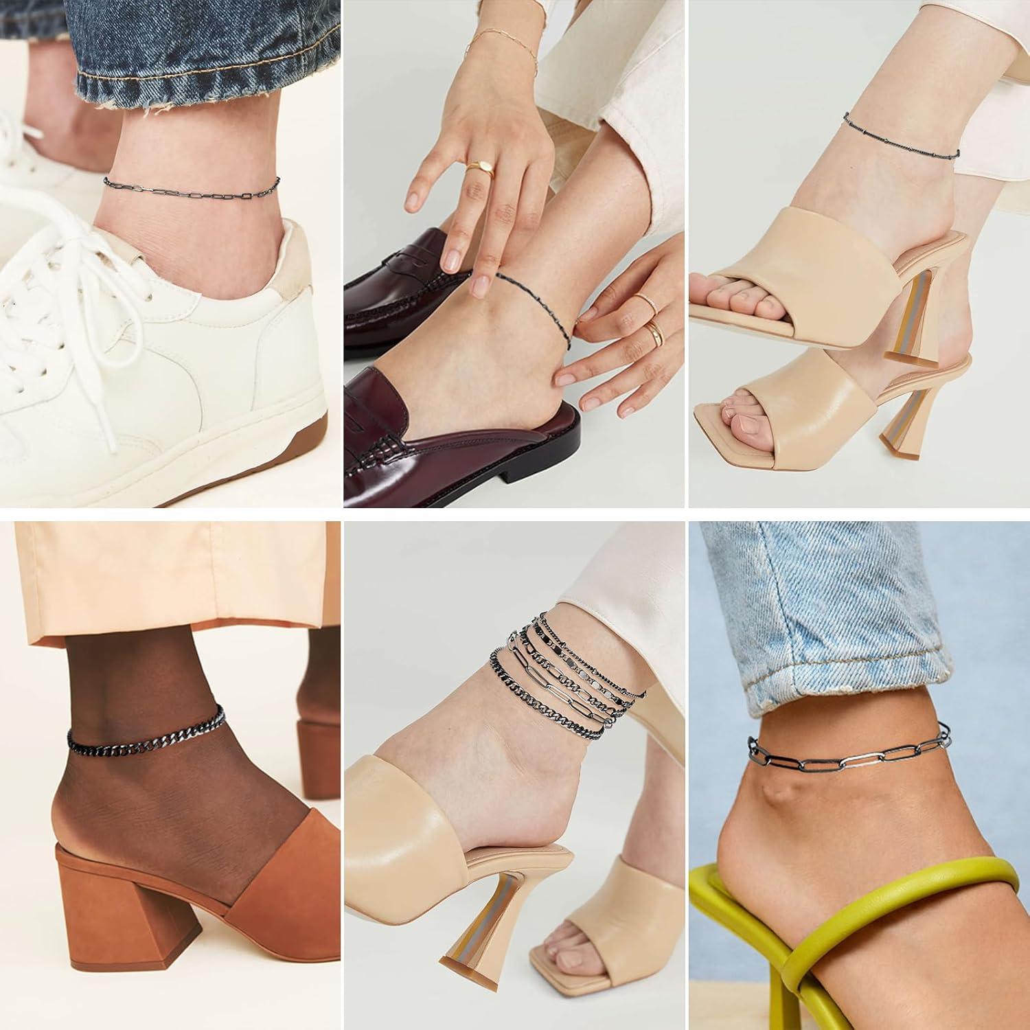 Juego de Pulseras de Tobillo de Oro 14K para Mujeres - 5 Piezas Ajustables