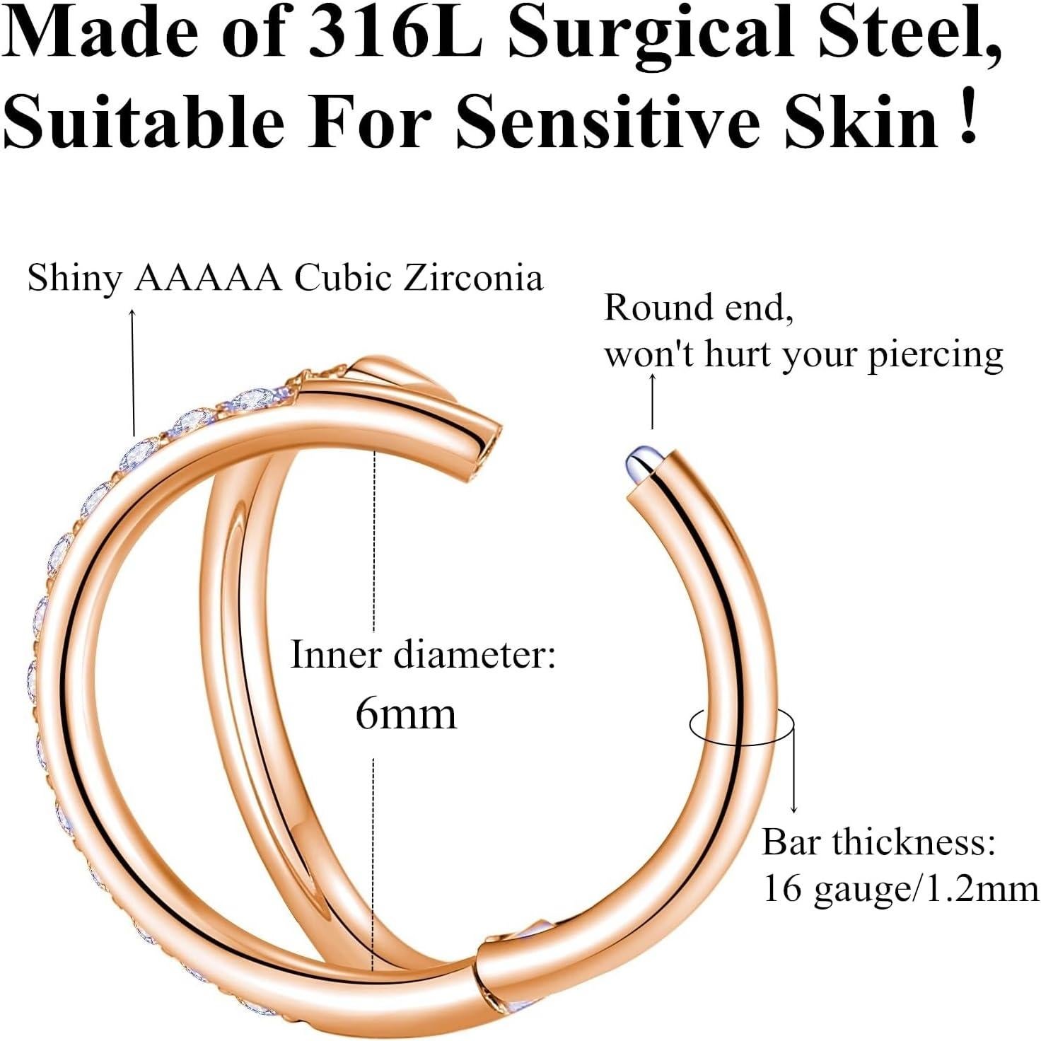 Anillo de Nariz Hoop Doble CZ Claro 16G 6mm Acero Quirúrgico