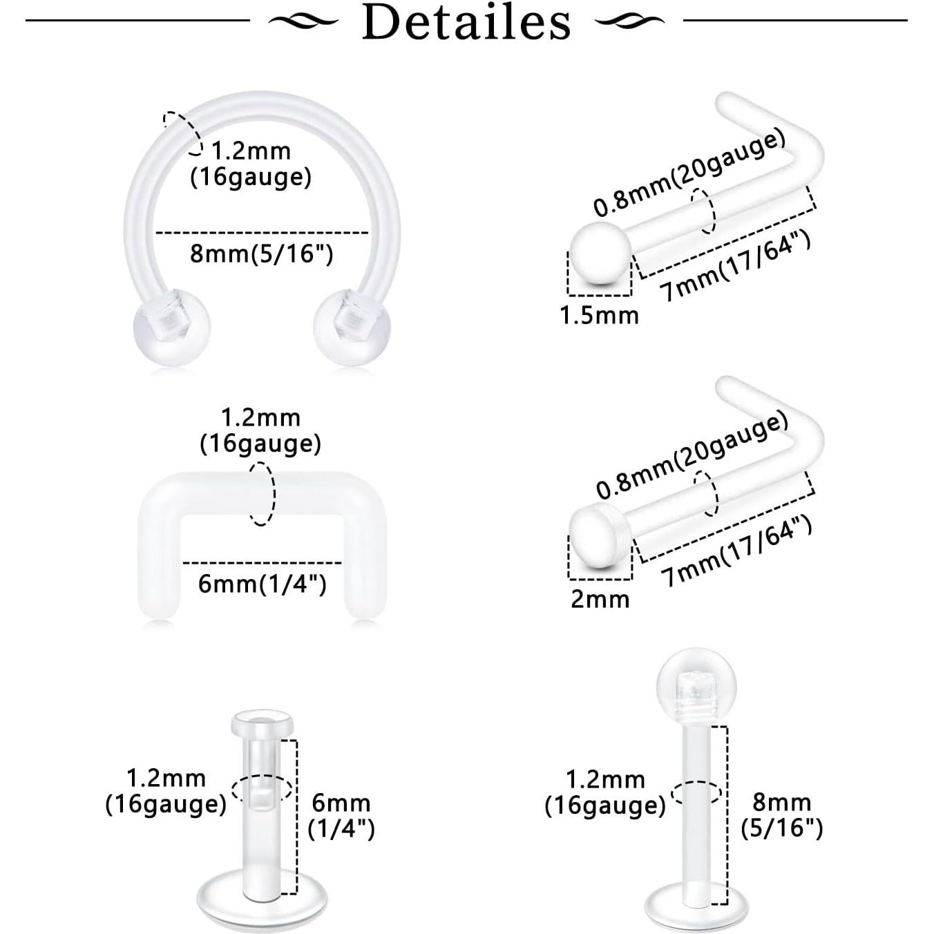 Conjunto de Retenedores Transparentes MODRSA 31 Piezas para Piercing