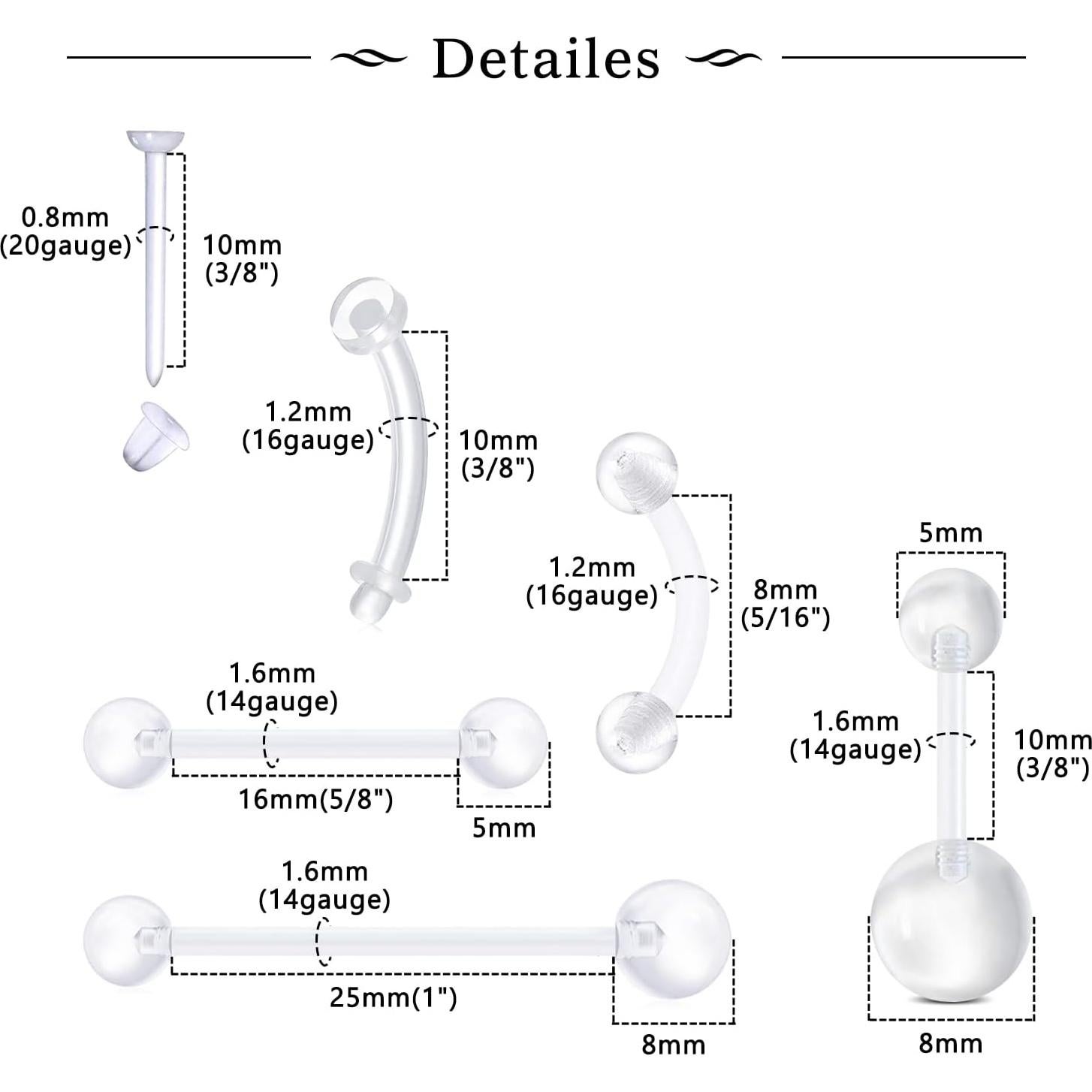 Conjunto de Retenedores Transparentes MODRSA 31 Piezas para Piercing