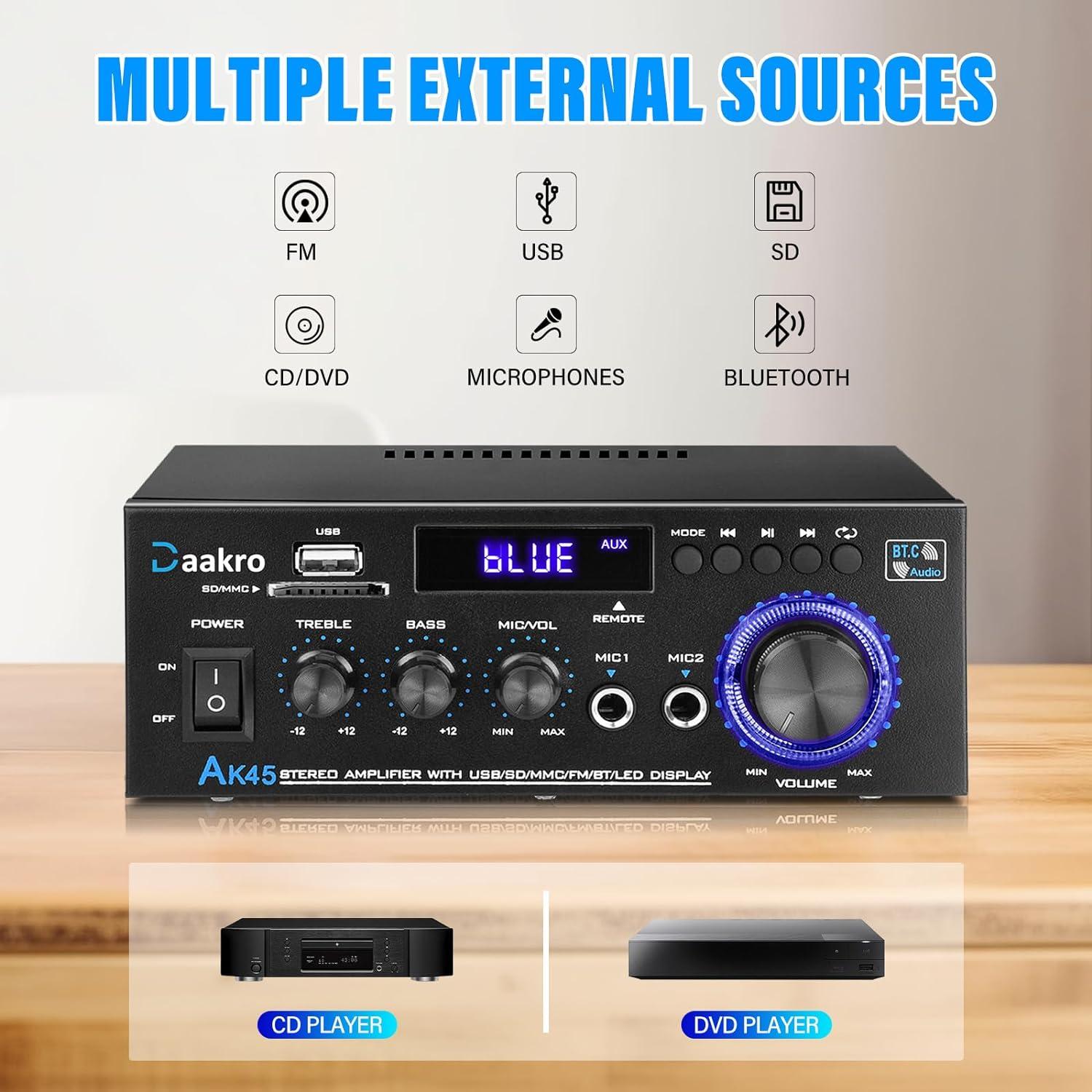 Amplificador de Audio Estéreo Daakro AK45 300W Bluetooth 5.0