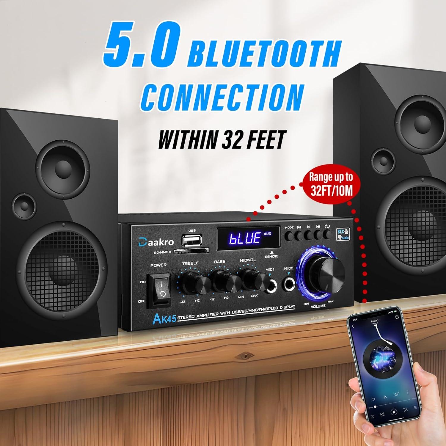 Amplificador de Audio Estéreo Daakro AK45 300W Bluetooth 5.0