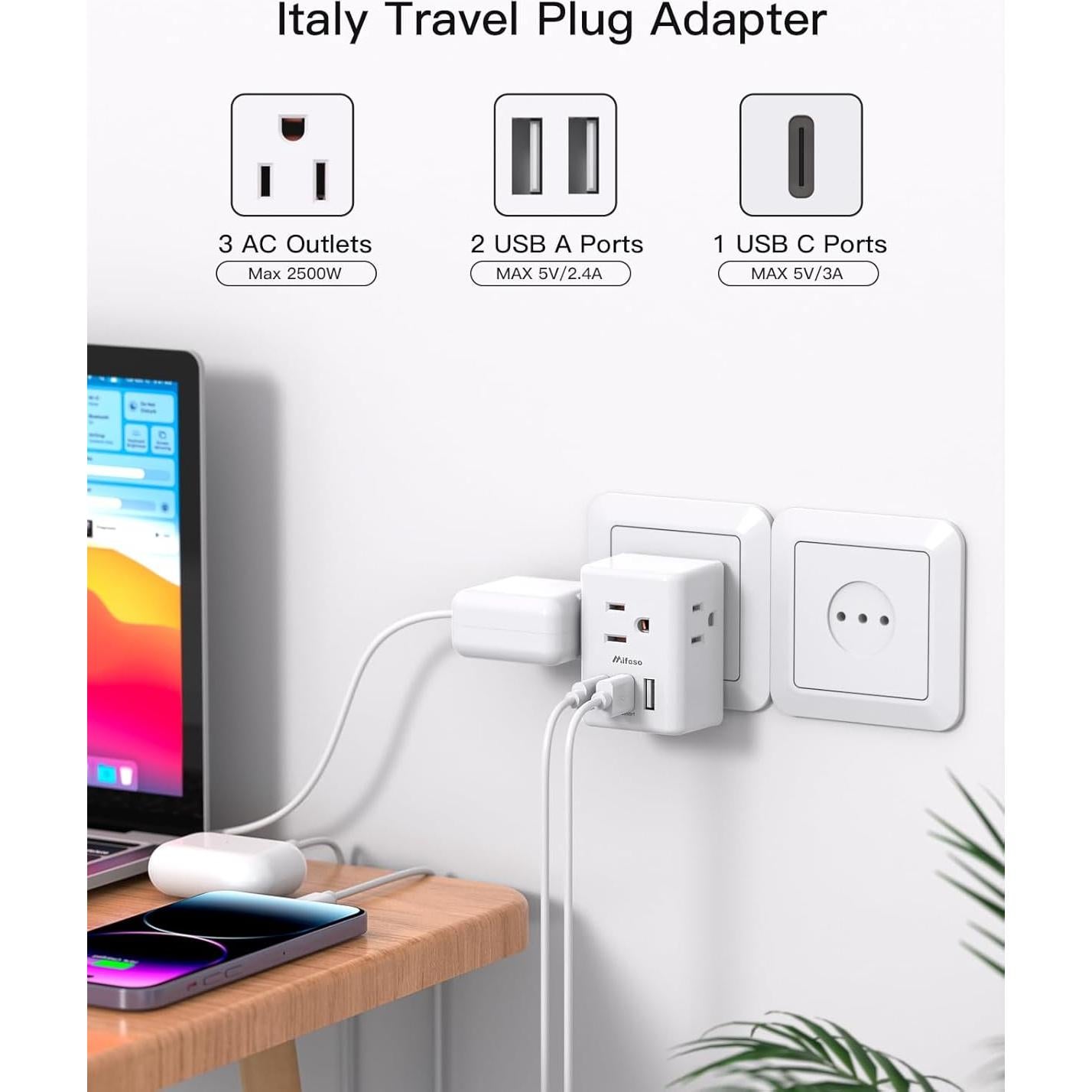 Adaptador de corriente MIFASOPOWER Tipo L para Italia y Chile