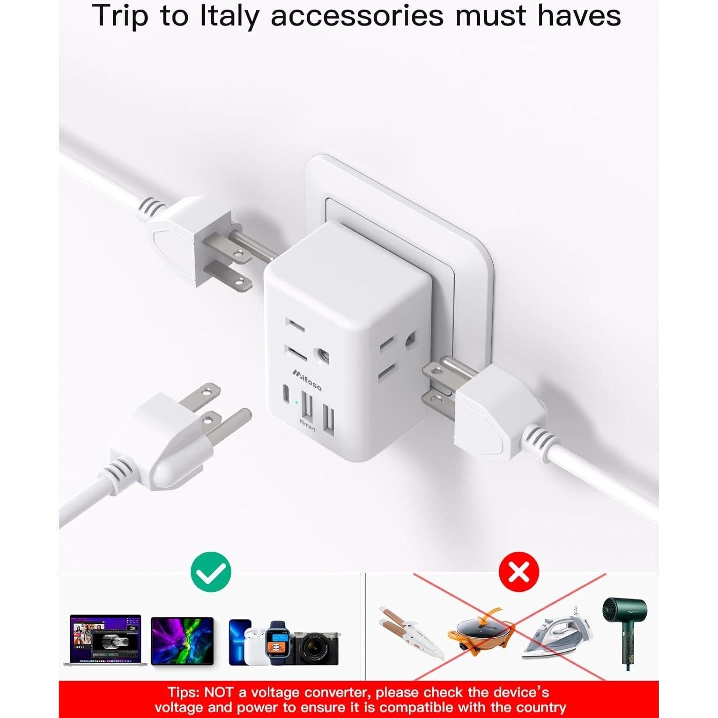 Adaptador de corriente MIFASOPOWER Tipo L para Italia y Chile