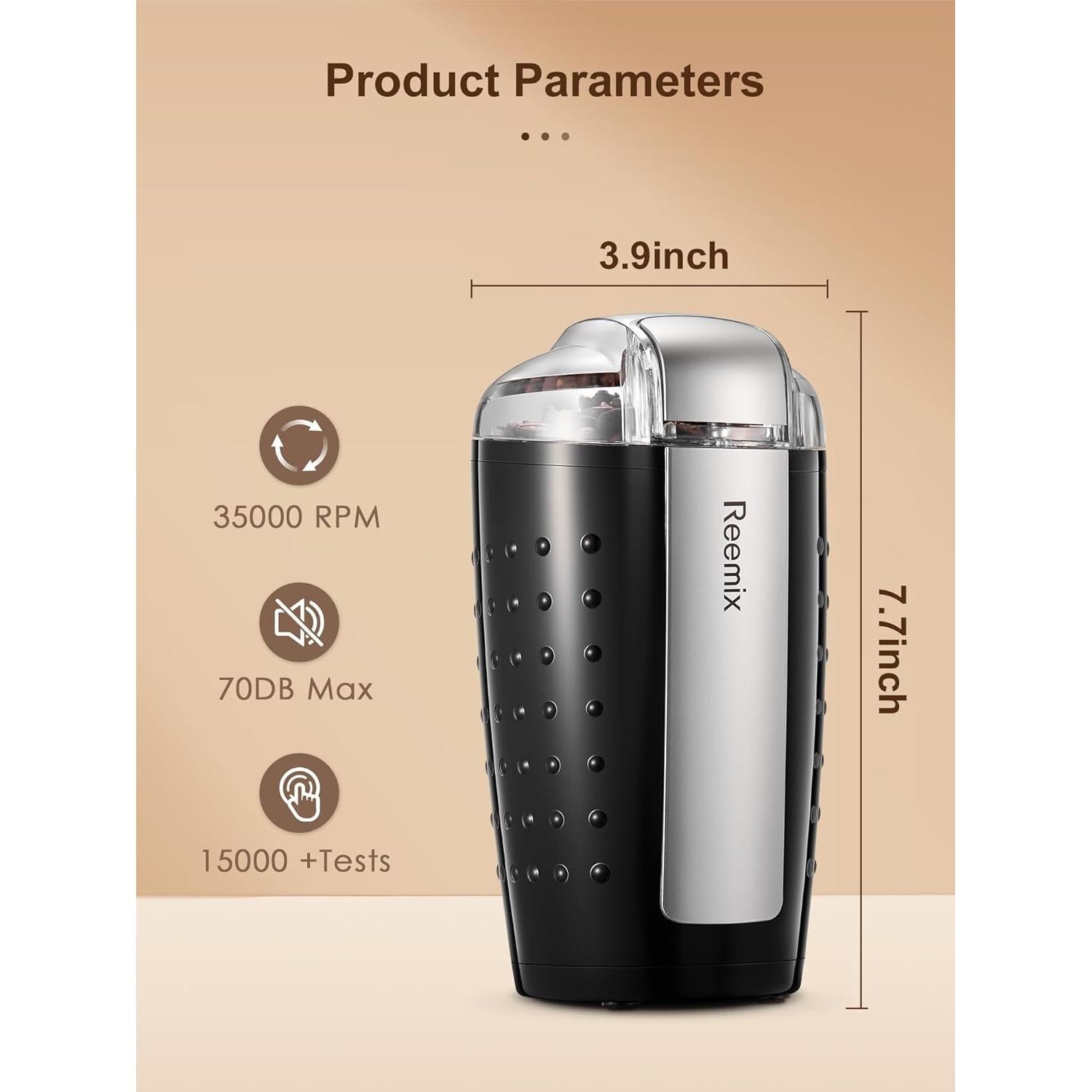 Molino de Café Eléctrico Reemix 3.5Oz Acero Inoxidable Negro