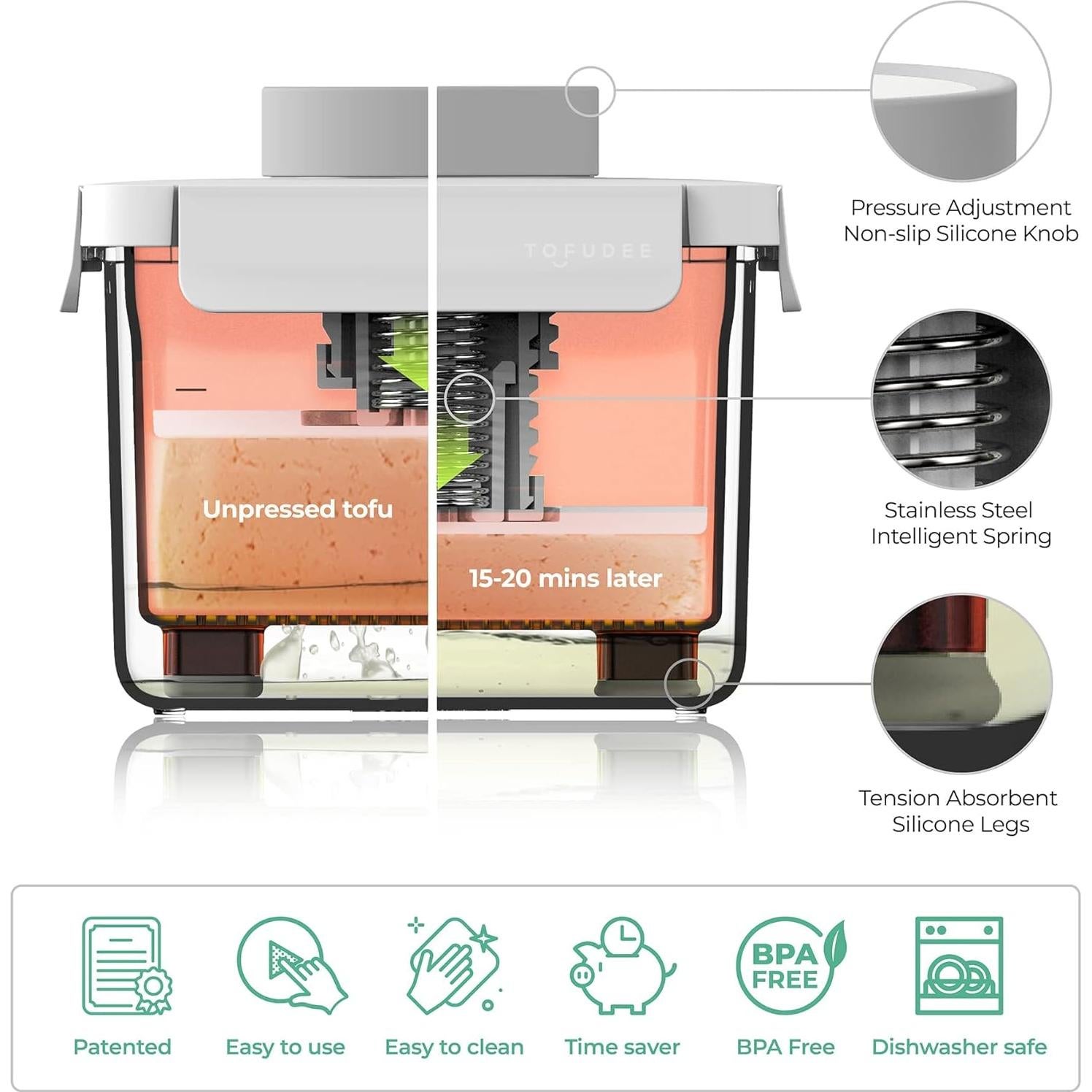 Prensa de Tofu TOFUDEE 0.64 kg, Acero Inoxidable, Apto Lavavajillas