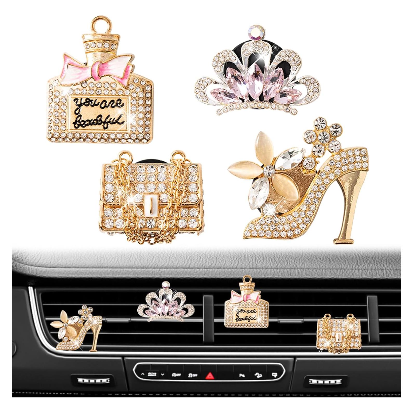 4 Clips de Ventilación Rislobx con Perfume y Cristales Dorados