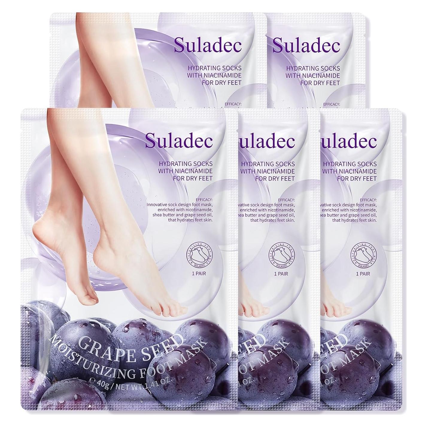 Mascarilla Hidratante para Pies Suladec - 5 Pares con Aceite de Semilla de Uva