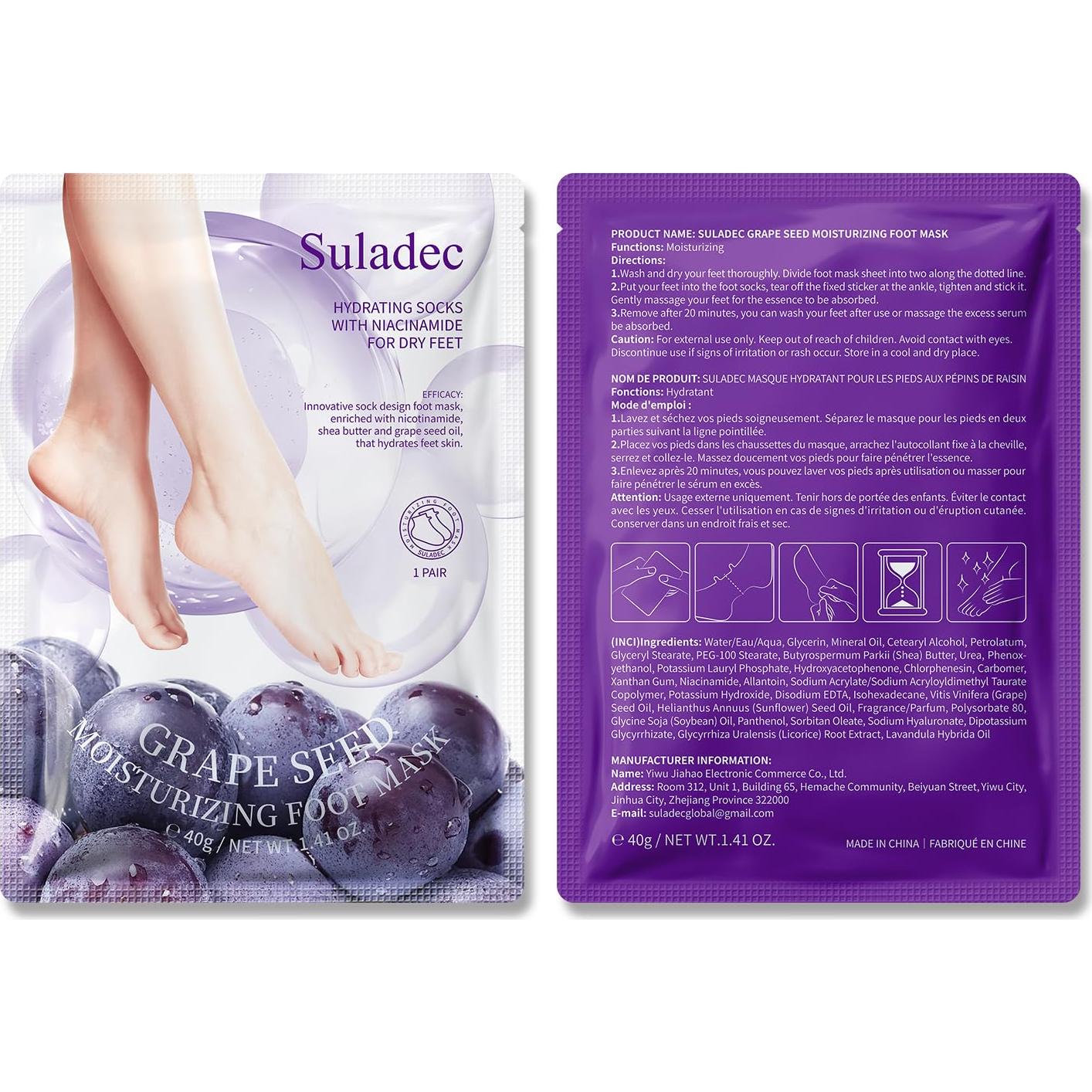 Mascarilla Hidratante para Pies Suladec - 5 Pares con Aceite de Semilla de Uva