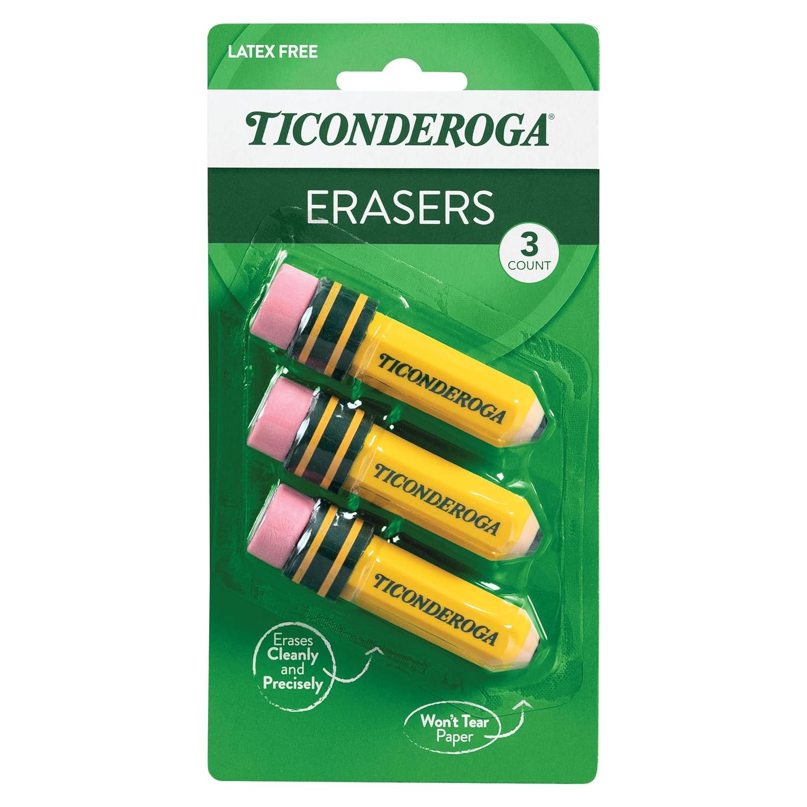TICONDEROGA Erasers, Pencil Shaped, Latex-Free, Yellow, 3-Pack (38953)