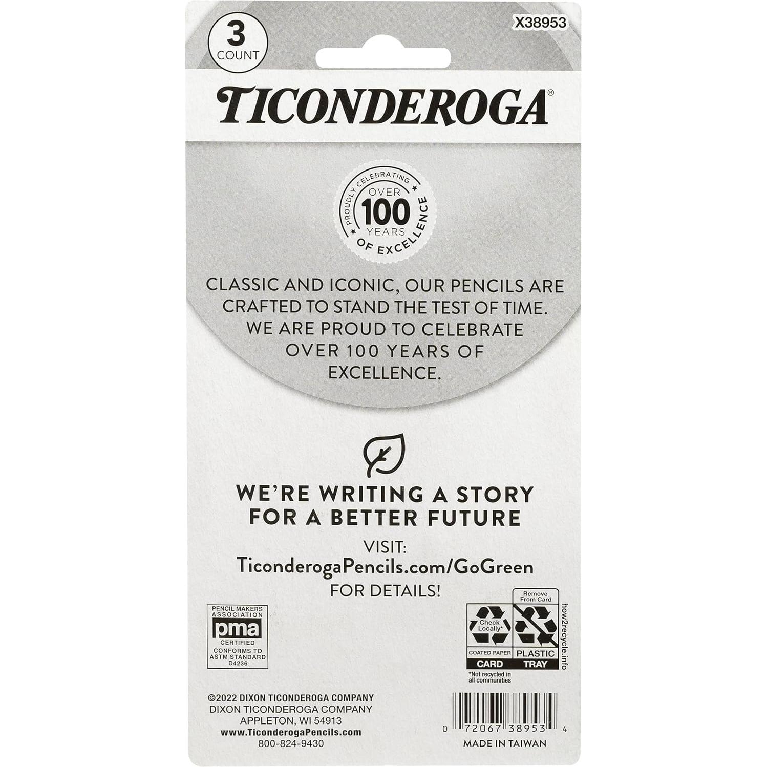 TICONDEROGA Erasers, Pencil Shaped, Latex-Free, Yellow, 3-Pack (38953)