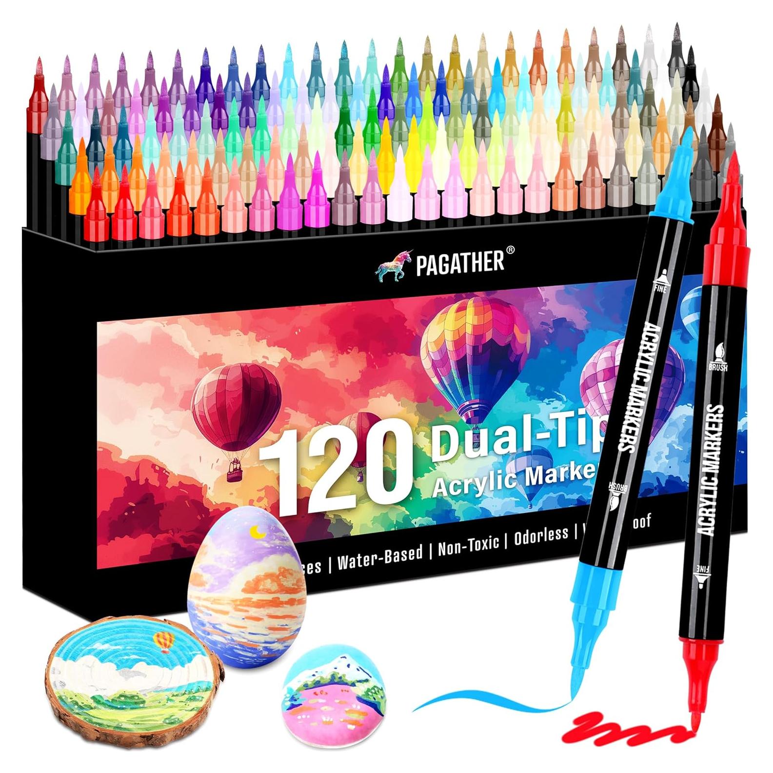 Marcadores Acrílicos Pagather 120 Colores Doble Punta Fina y Pincel