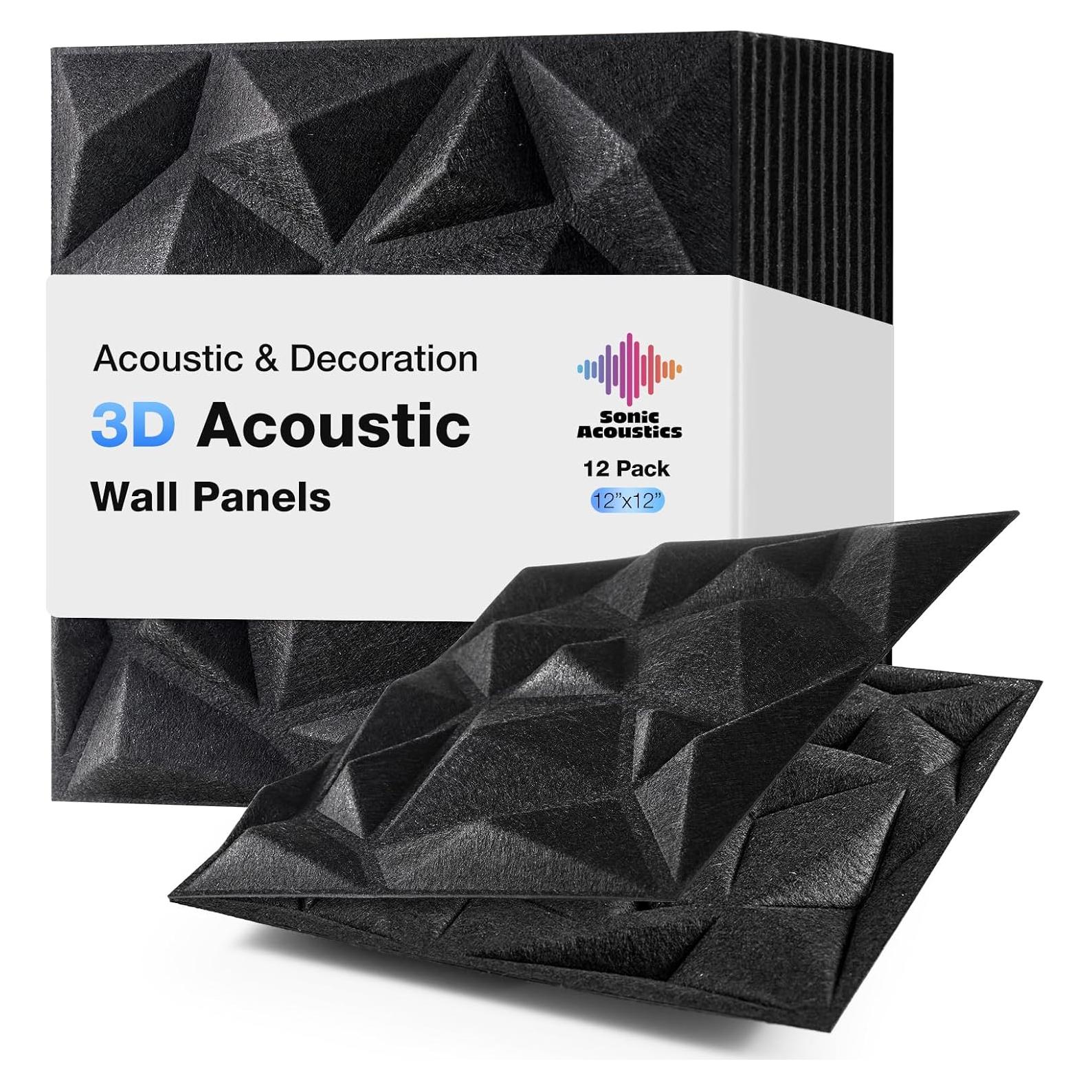 Acoustic 3D Wall Panels,12Pack Sound Proof Felt Panels for Interior Wall Décor, Hollow Sound Absorbing Panel for Studio, Living Room, Home, Hotel, 12''x12'' Cover 24 sq ft (Black, 12 Pack)