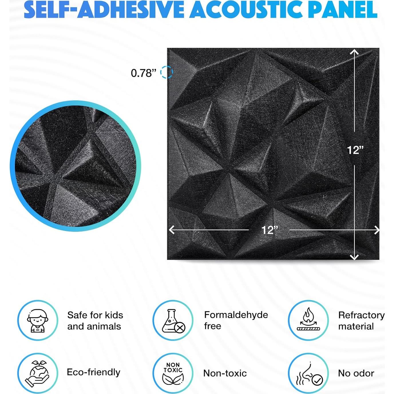 Acoustic 3D Wall Panels,12Pack Sound Proof Felt Panels for Interior Wall Décor, Hollow Sound Absorbing Panel for Studio, Living Room, Home, Hotel, 12''x12'' Cover 24 sq ft (Black, 12 Pack)