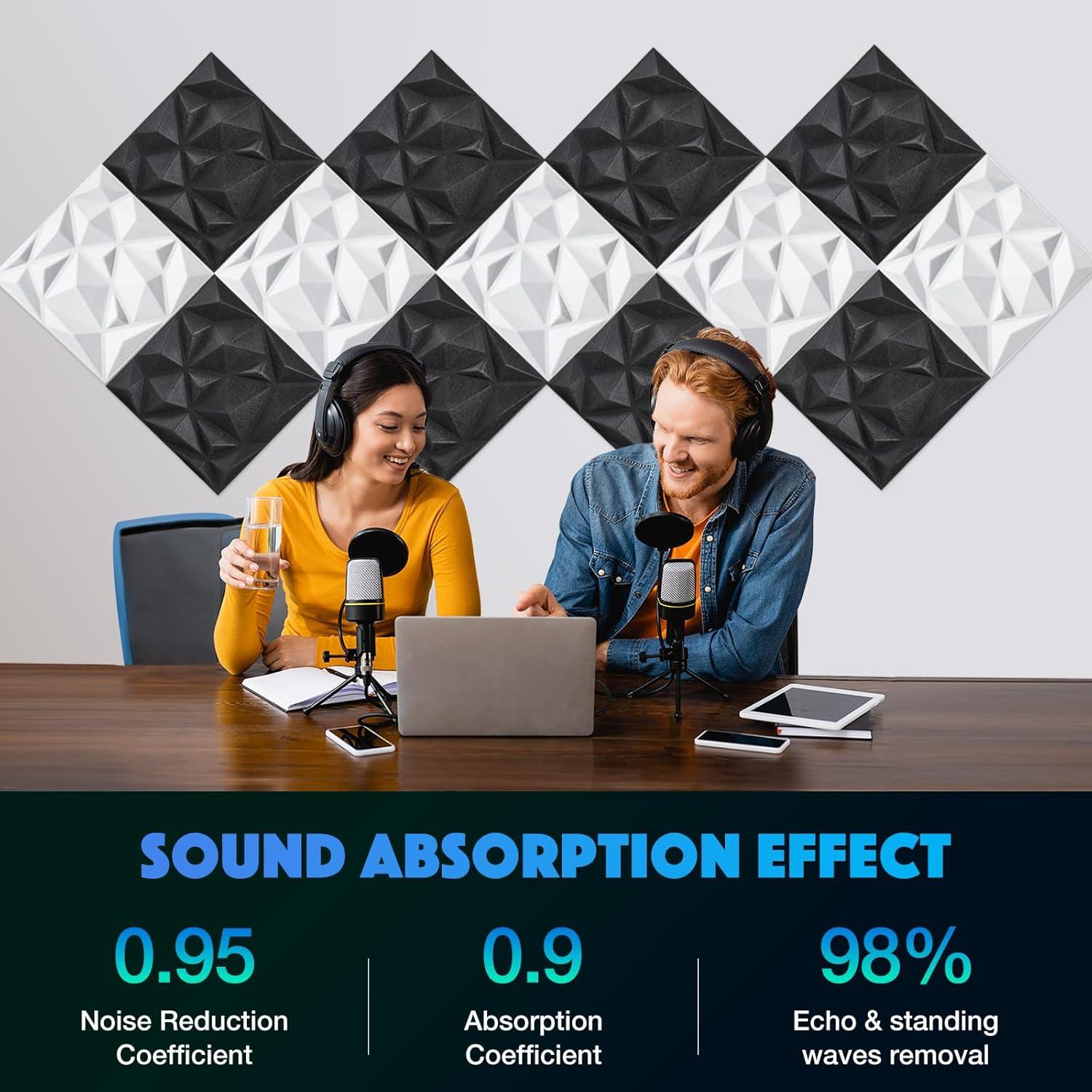 Acoustic 3D Wall Panels,12Pack Sound Proof Felt Panels for Interior Wall Décor, Hollow Sound Absorbing Panel for Studio, Living Room, Home, Hotel, 12''x12'' Cover 24 sq ft (Black, 12 Pack)