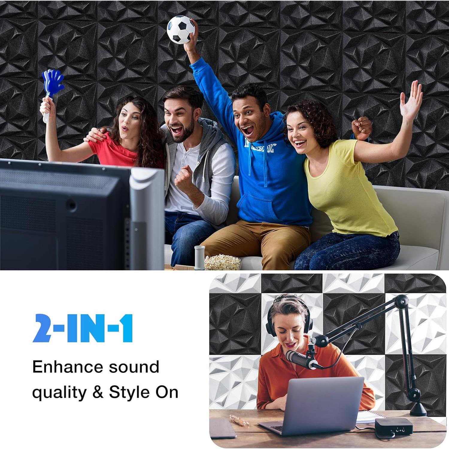 Acoustic 3D Wall Panels,12Pack Sound Proof Felt Panels for Interior Wall Décor, Hollow Sound Absorbing Panel for Studio, Living Room, Home, Hotel, 12''x12'' Cover 24 sq ft (Black, 12 Pack)