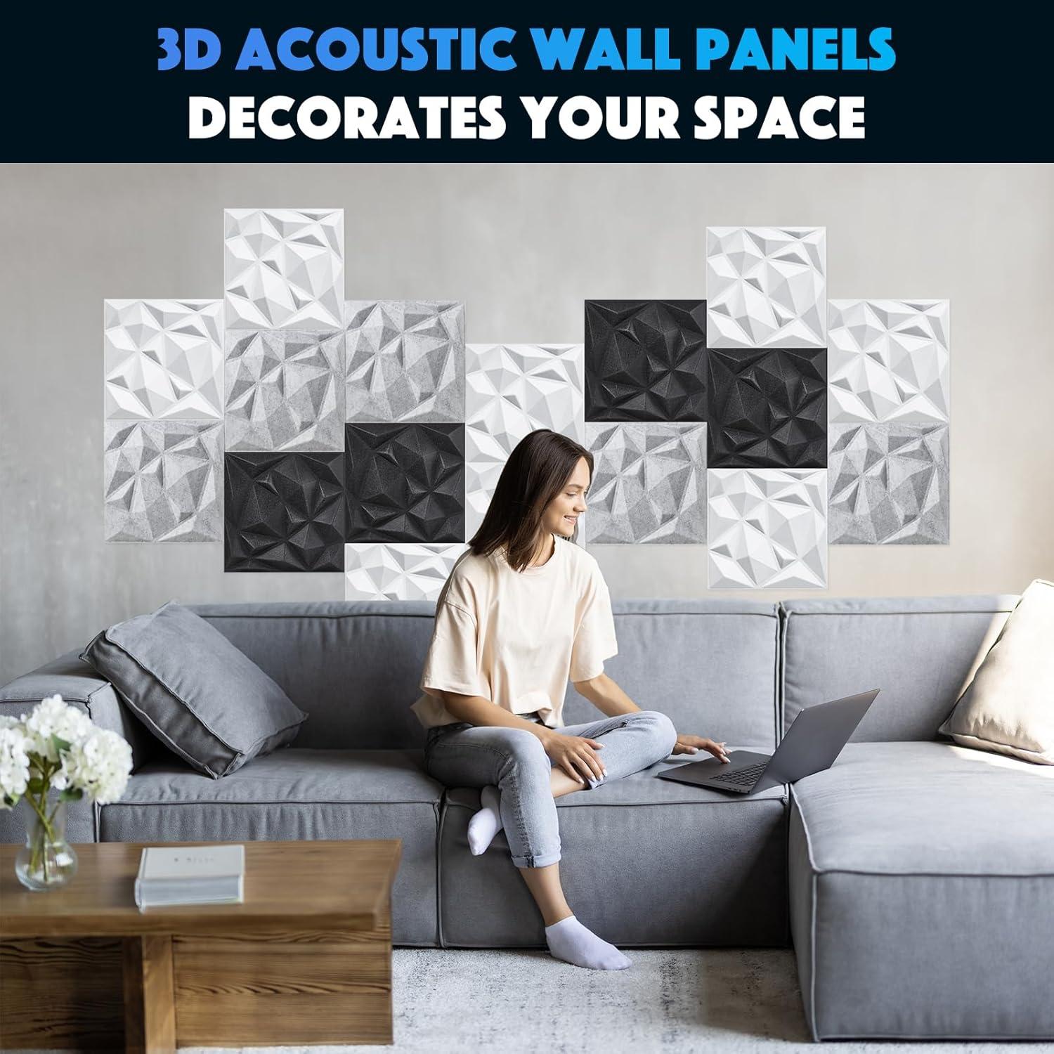 Acoustic 3D Wall Panels,12Pack Sound Proof Felt Panels for Interior Wall Décor, Hollow Sound Absorbing Panel for Studio, Living Room, Home, Hotel, 12''x12'' Cover 24 sq ft (Black, 12 Pack)