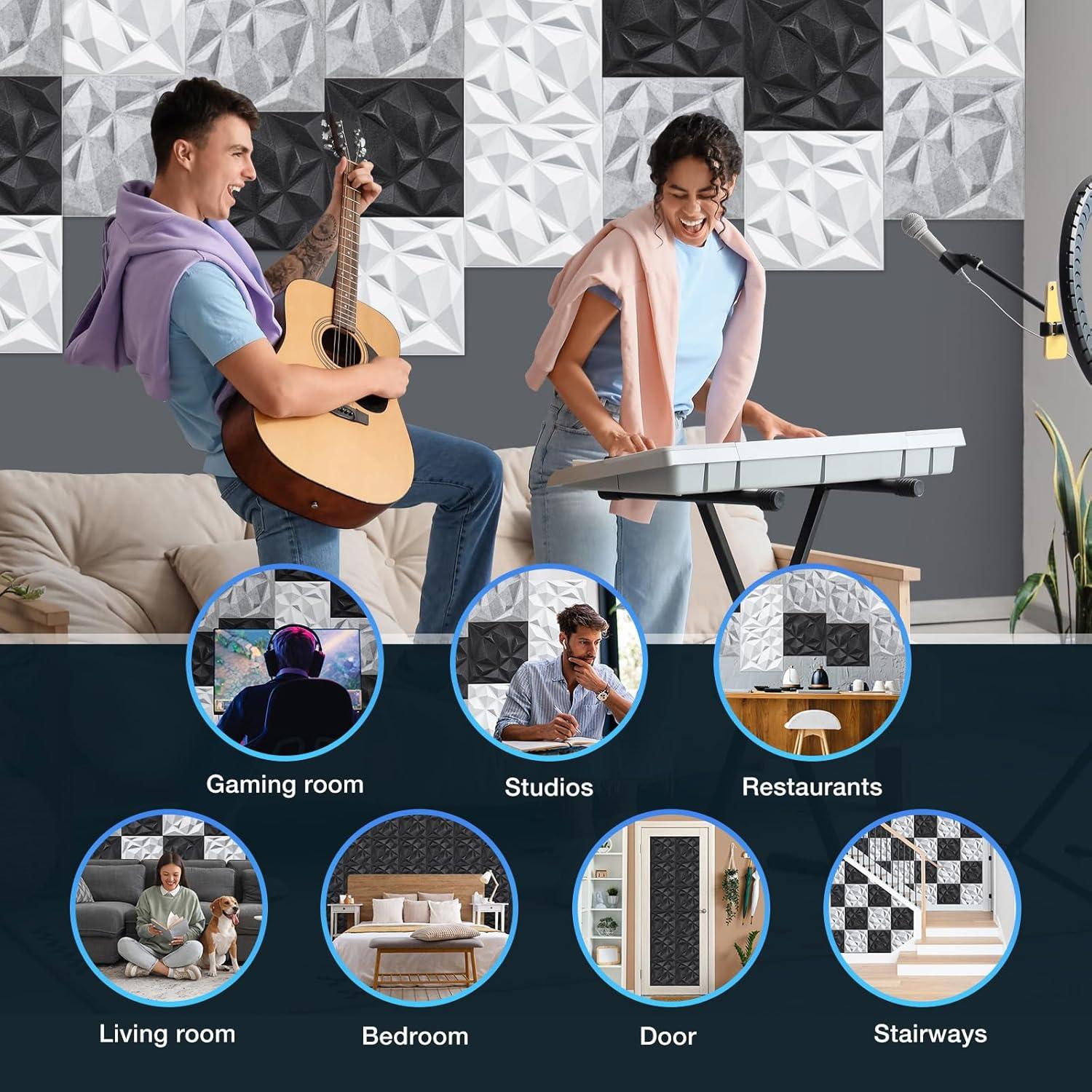 Acoustic 3D Wall Panels,12Pack Sound Proof Felt Panels for Interior Wall Décor, Hollow Sound Absorbing Panel for Studio, Living Room, Home, Hotel, 12''x12'' Cover 24 sq ft (Black, 12 Pack)