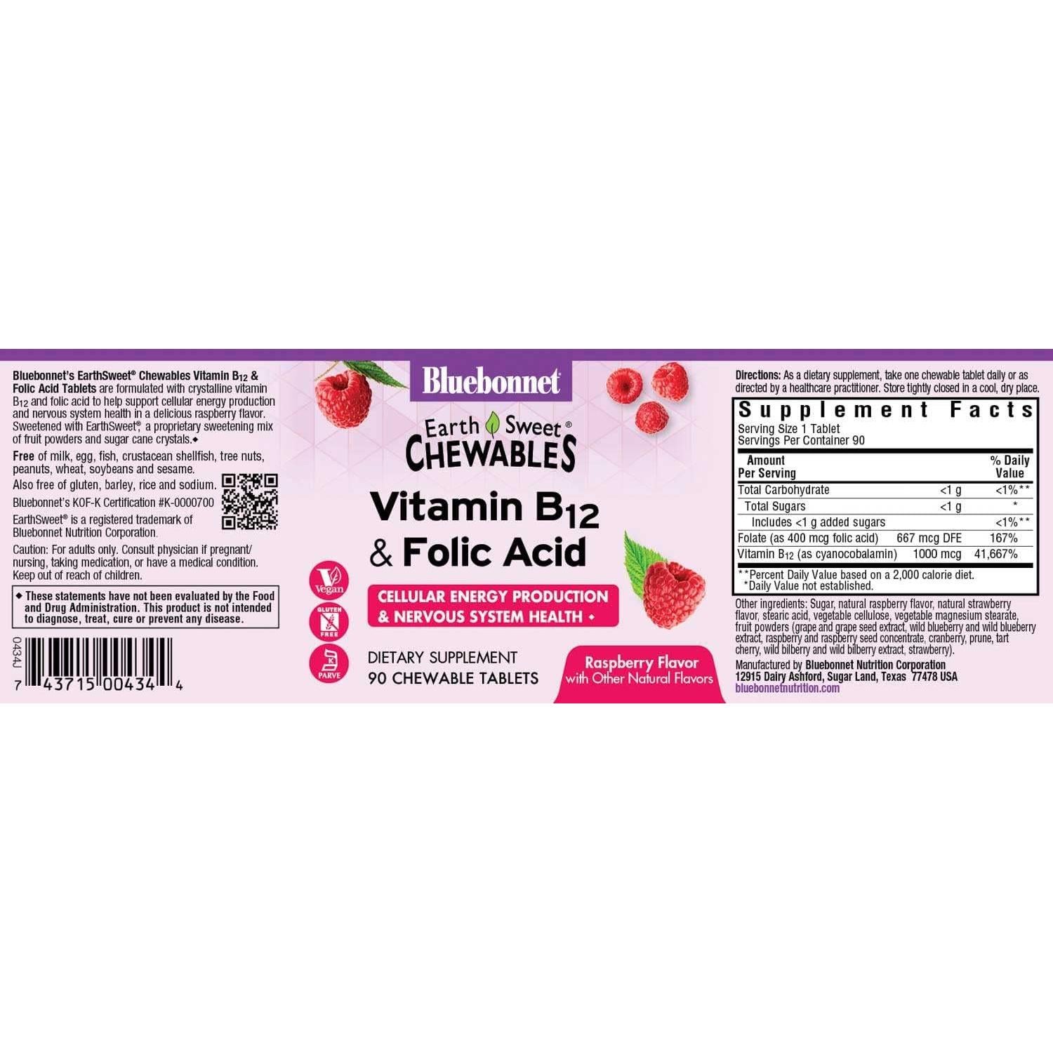 Tabletas Masticables Vitamina B12 y Ácido Fólico BlueBonnet 90 Unidades
