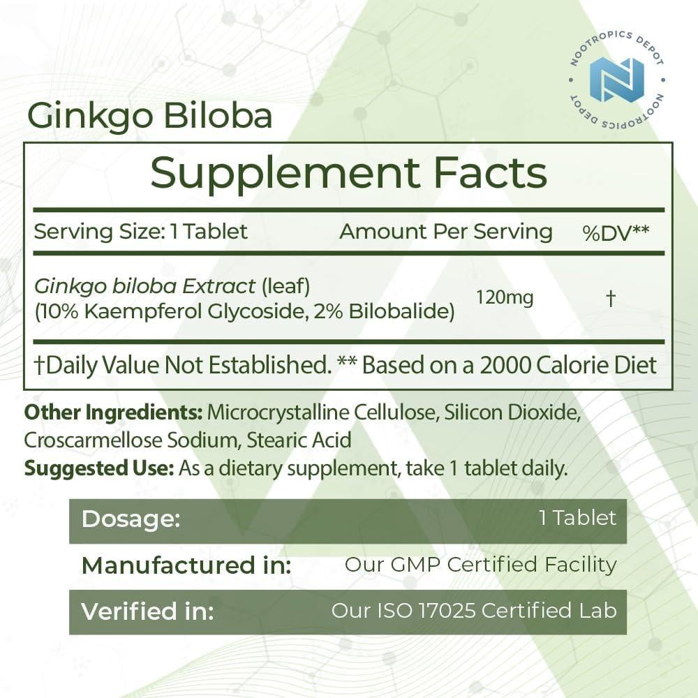 Tabletas Ginkgo Biloba Nootropics Depot 120mg 90 Unidades