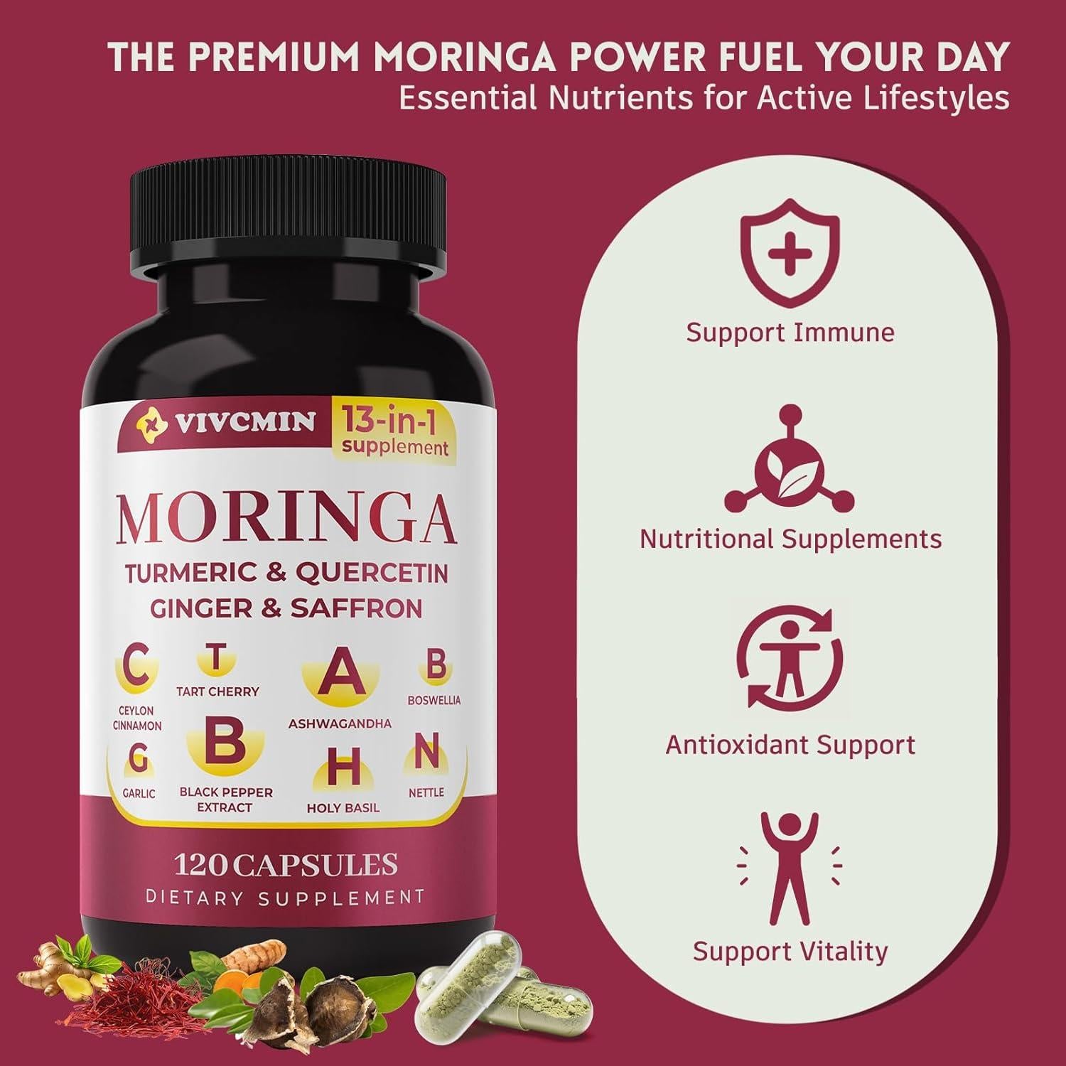 Cápsulas de Moringa 13 en 1 Vivcmin - Suplemento Herbal 120 Unidades
