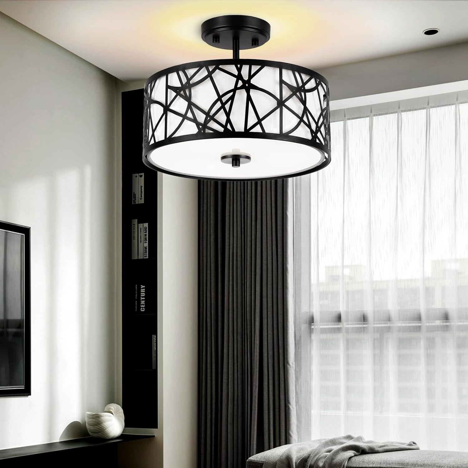 Luz de Techo EdwarmLux Semi Flush 3 Luces Pantalla Tela Negra