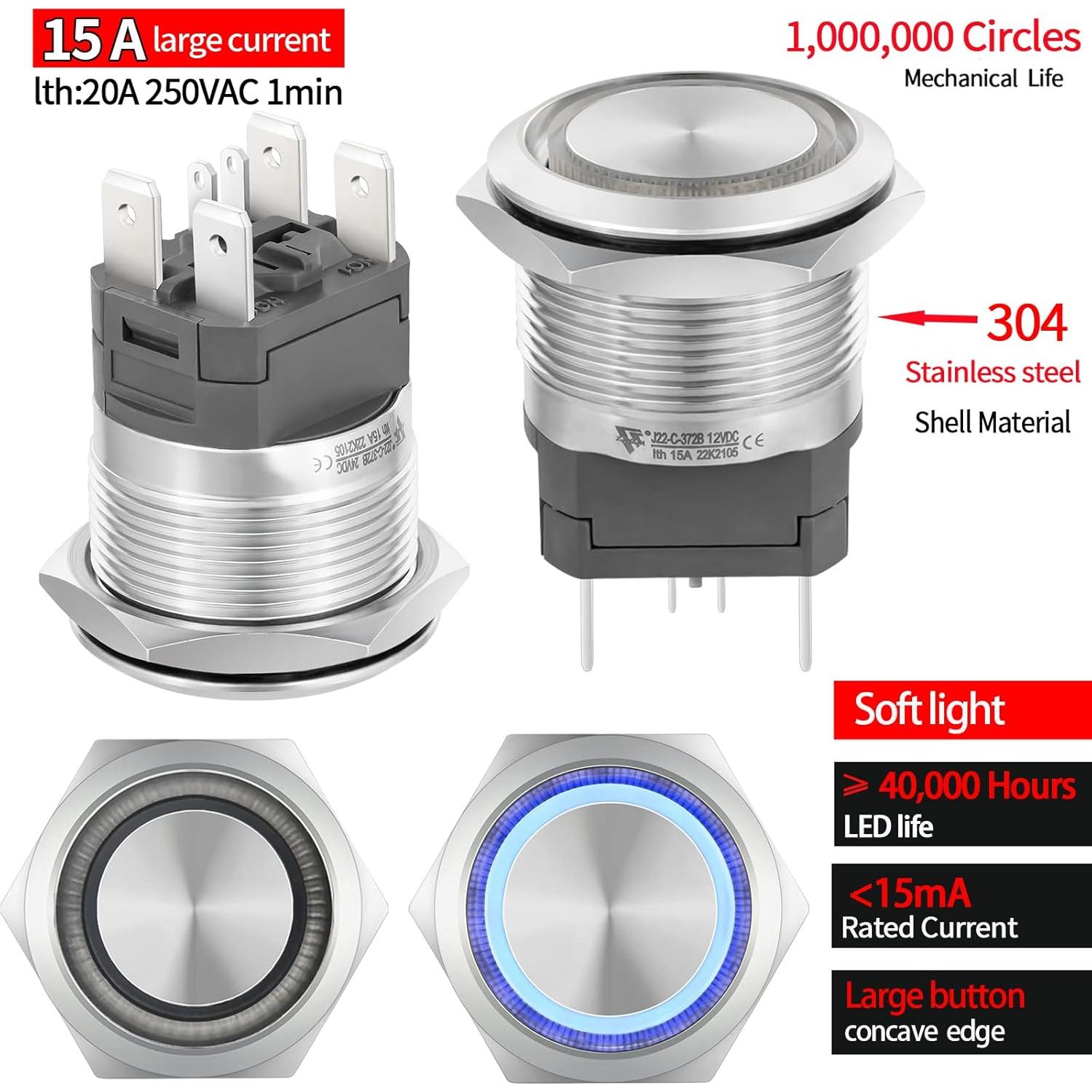 Interruptor de Botón Pulsador ZJWZJH 22mm 15A 12V DC IP67