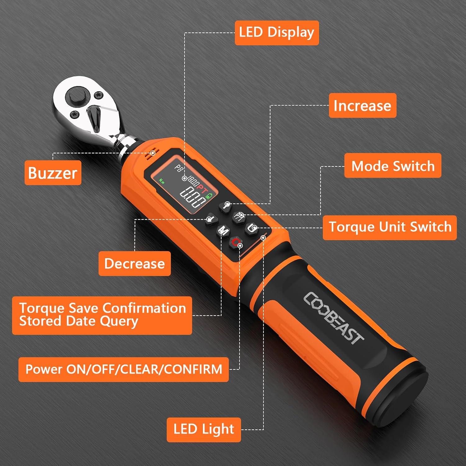 Llave de Torque Digital 1/4" Coobeast 0.45-30Nm con Pantalla LCD