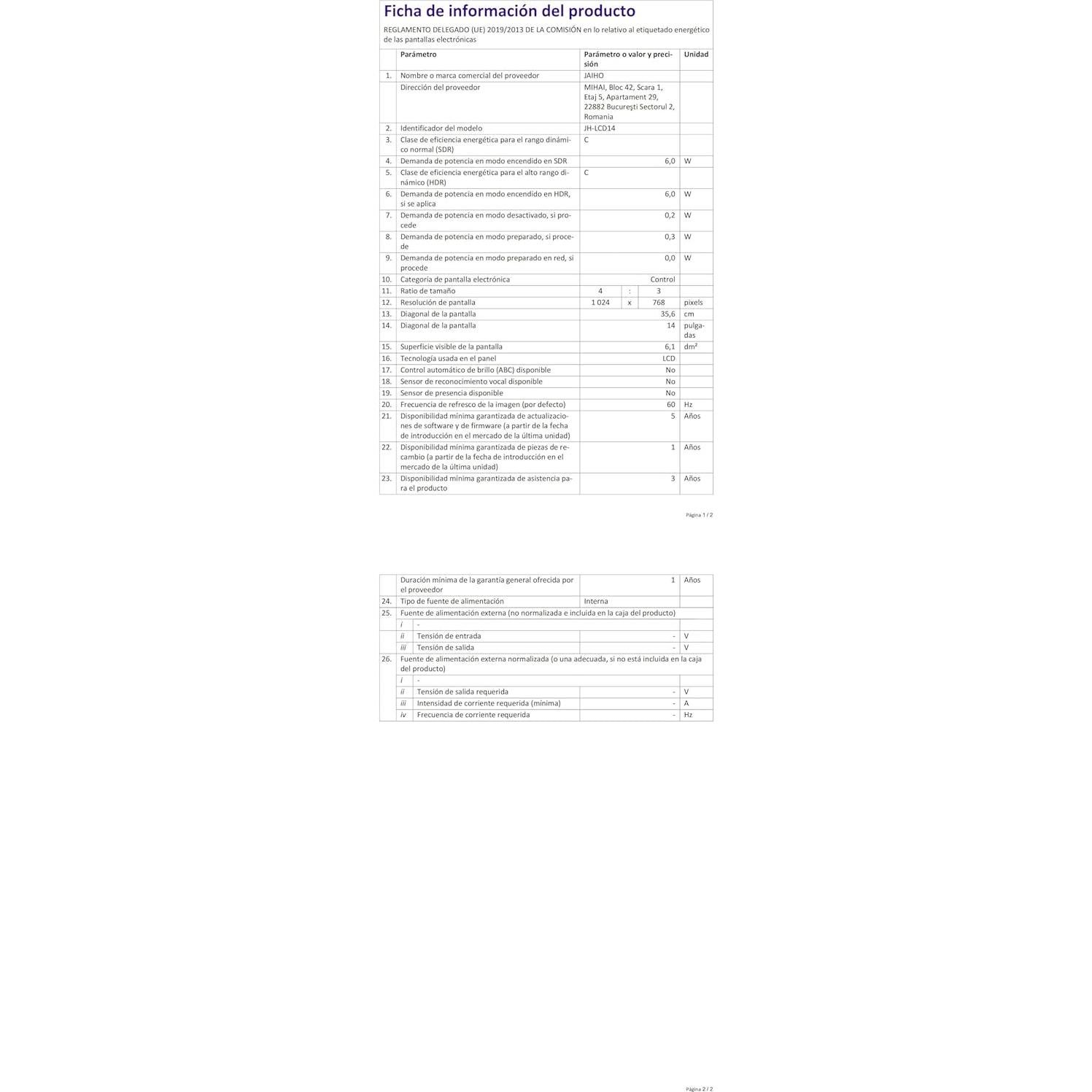 Monitor de Seguridad JaiHo 14" LCD 1024x768 HDMI VGA BNC