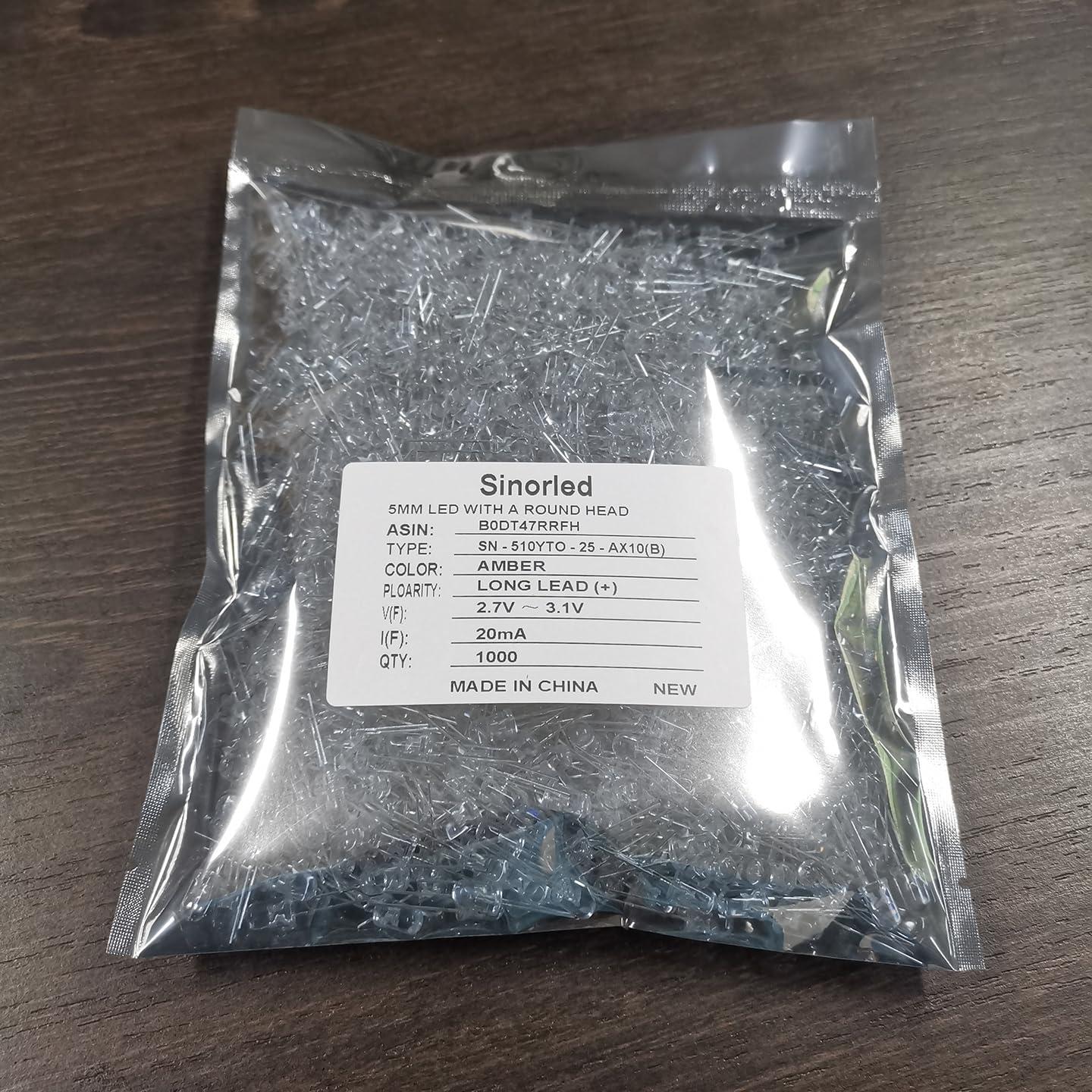 1000 Diodos LED Ámbar 5mm SINORLED para Iluminación Electrónica
