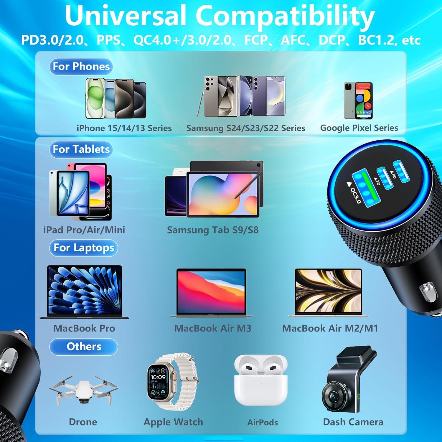 Cargador Rápido de Auto Rombica 67W 3 Puertos USB-C y USB-A