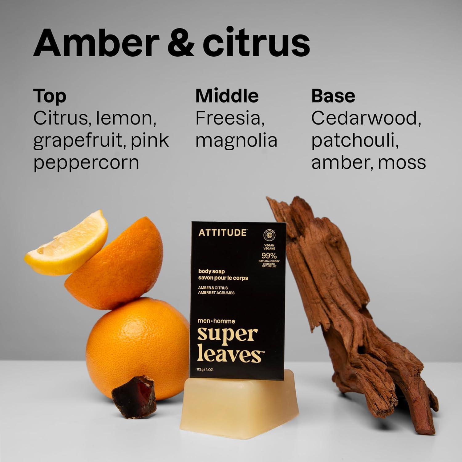 Jabón en Barra Attitude para Hombres 113g - 99% Natural Ámbar y Cítricos