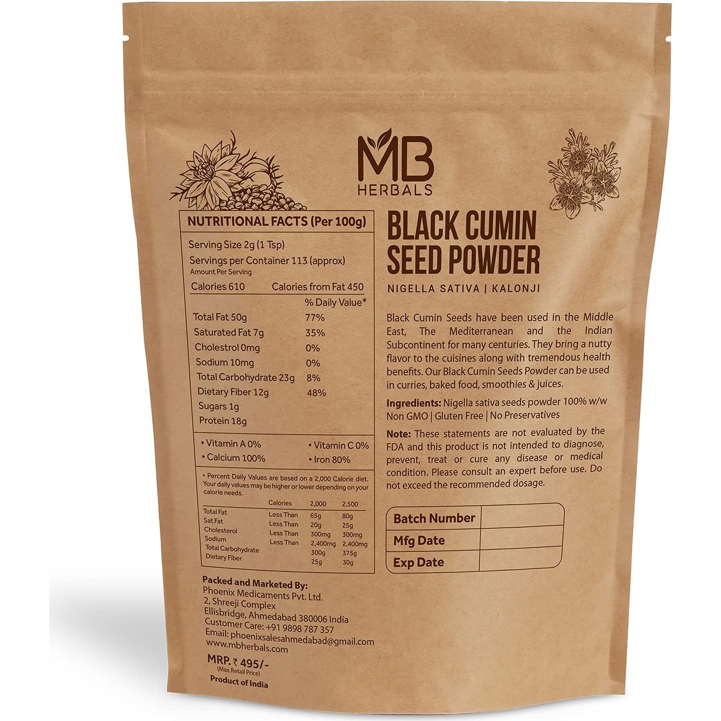 Polvo de Semilla de Comino Negro MB Herbals 454g - Sin GMO