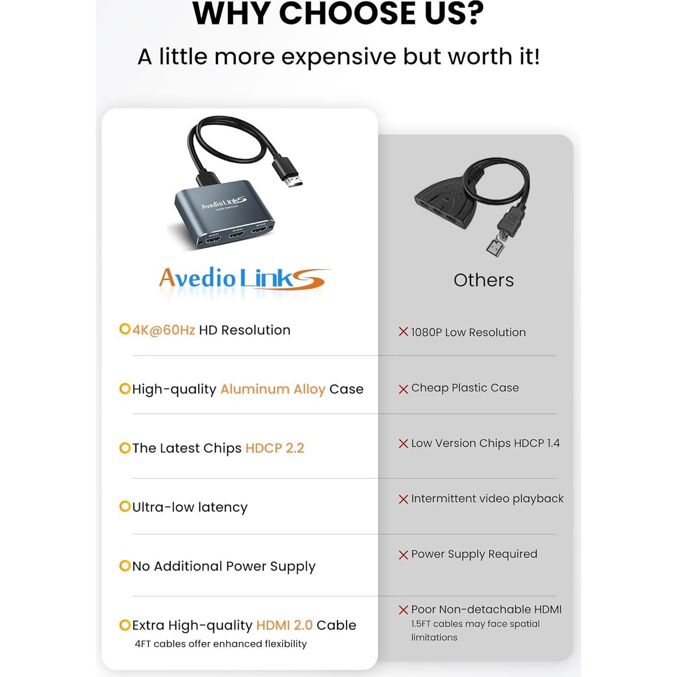 Conmutador HDMI 3 en 1 avedio links 4K@60Hz Aluminio