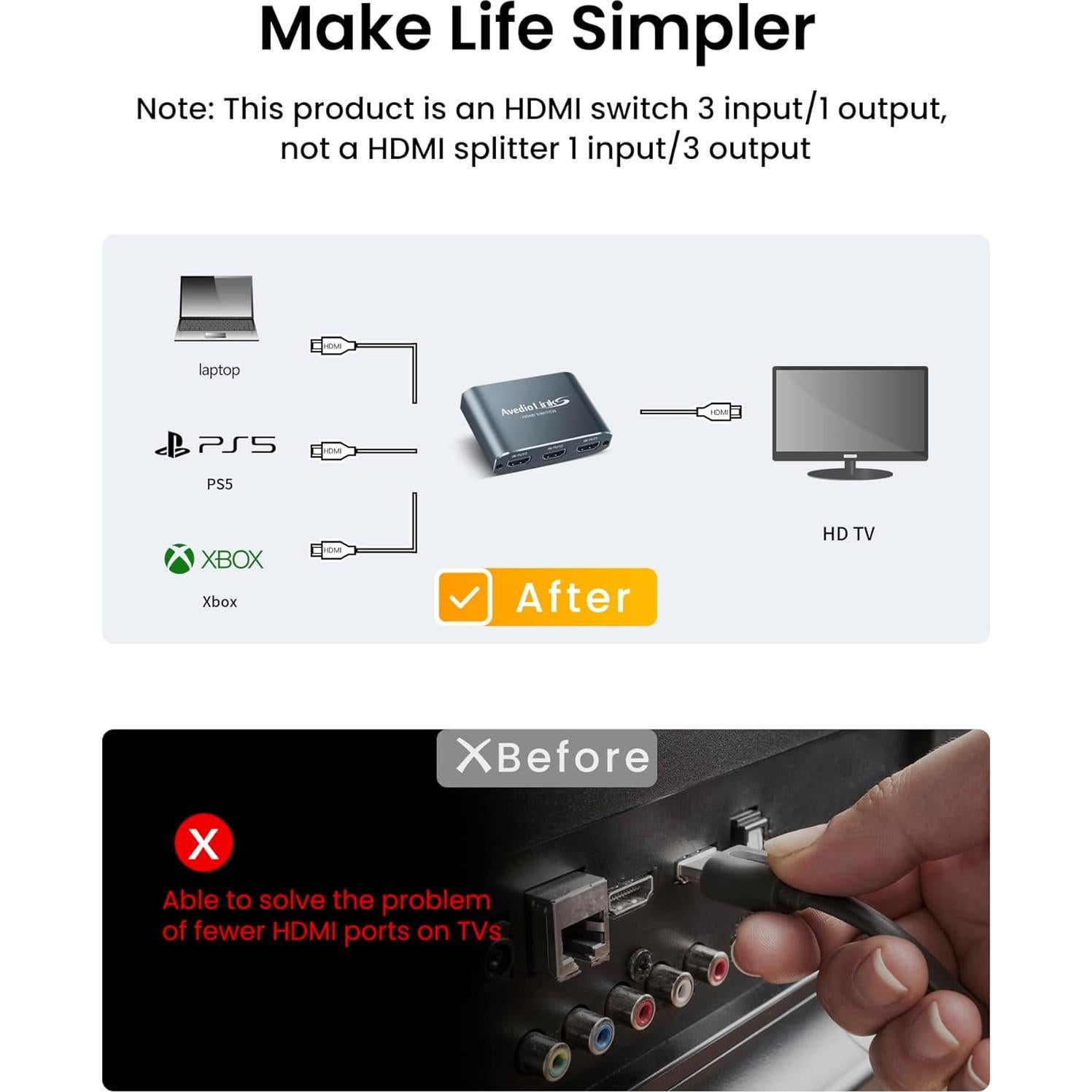 Conmutador HDMI 3 en 1 avedio links 4K@60Hz Aluminio