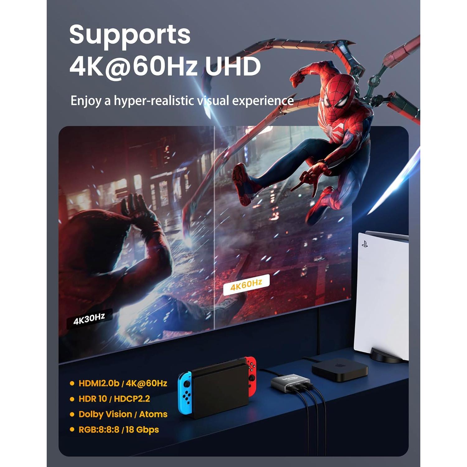 Conmutador HDMI 3 en 1 avedio links 4K@60Hz Aluminio