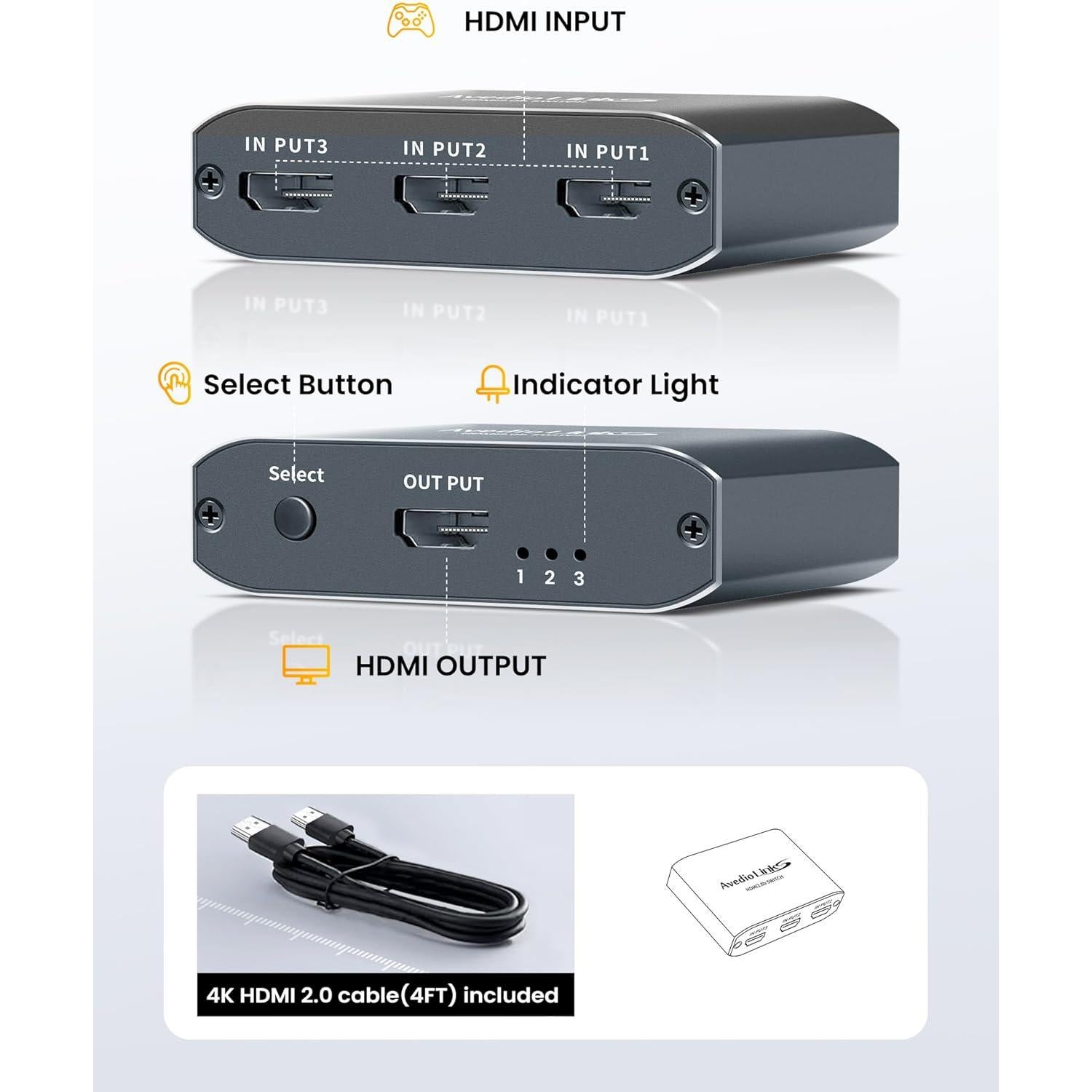 Conmutador HDMI 3 en 1 avedio links 4K@60Hz Aluminio