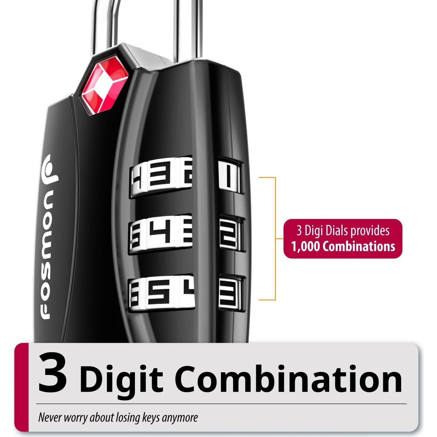 Candado de Equipaje TSA Fosmon 3 Dígitos Aleación Negro