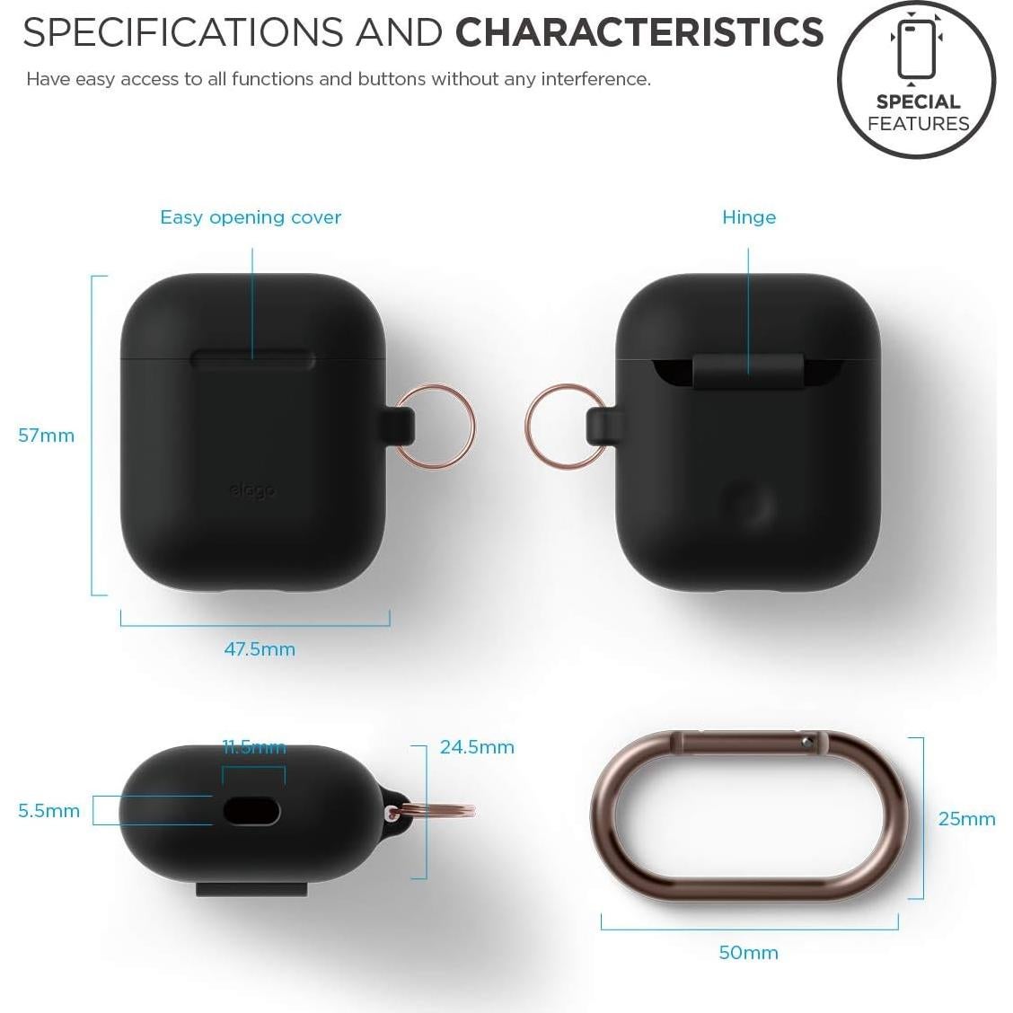 Funda de Silicona elago para AirPods 1 y 2 - Carga Inalámbrica, Negro