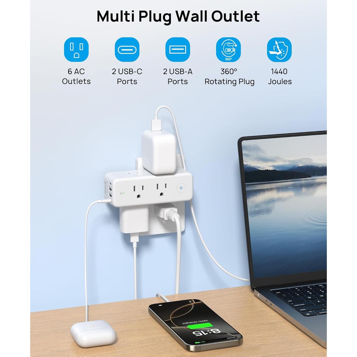 Extensor de Enchufe TROND 6 AC + 4 USB Rotatorio 360°