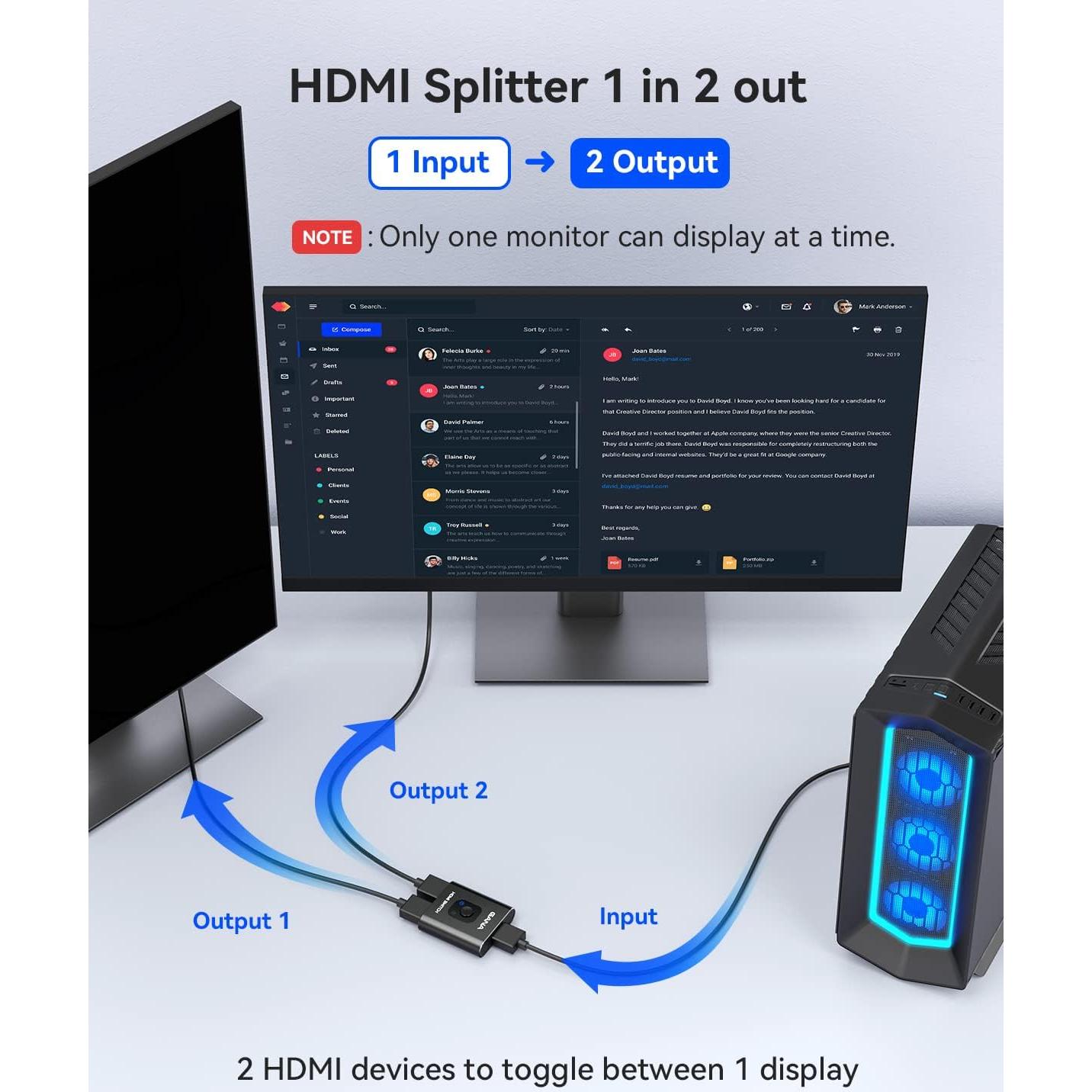 Conmutador HDMI Bidireccional GANA 4K 60Hz Aluminio 1.2m