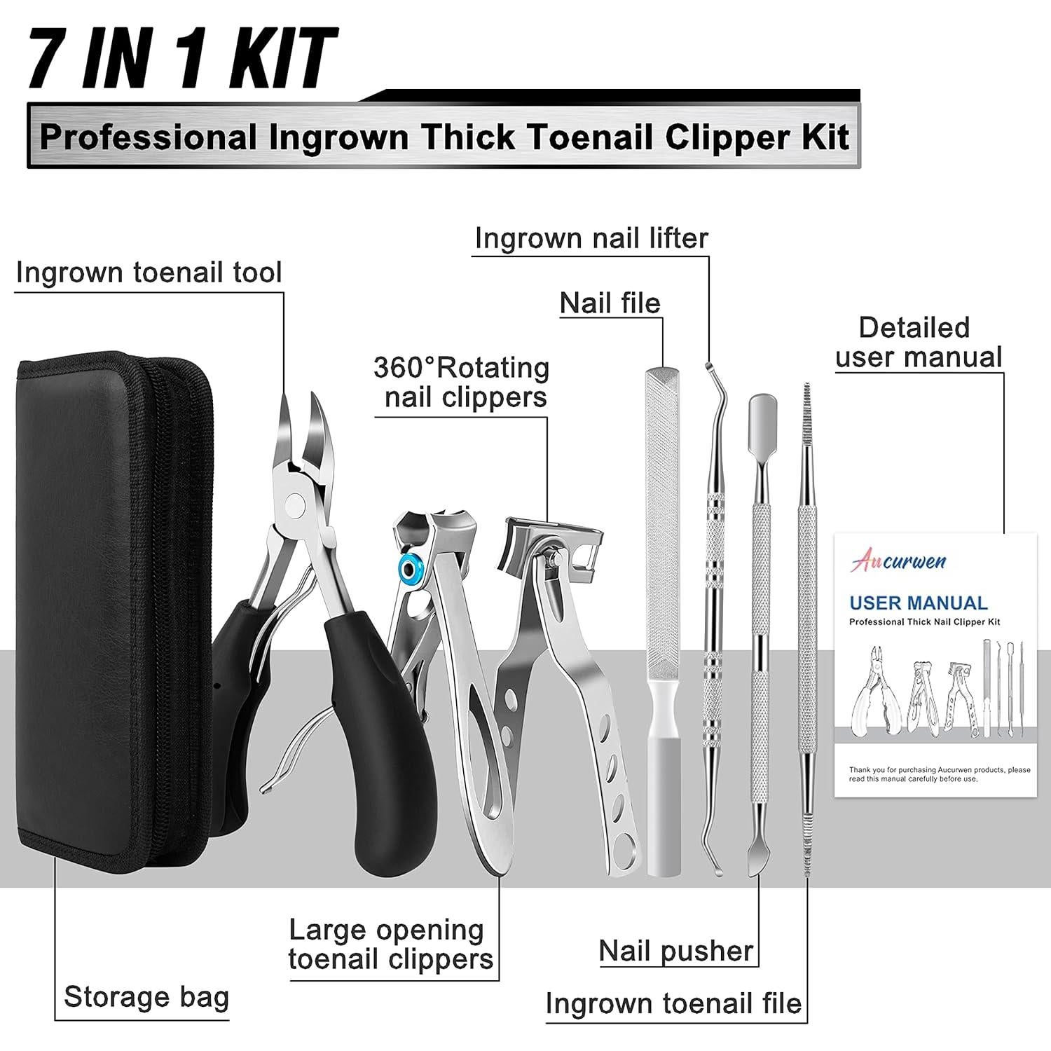Cortauñas Aucurwen para Uñas Gruesas 7 Piezas con Mango Largo