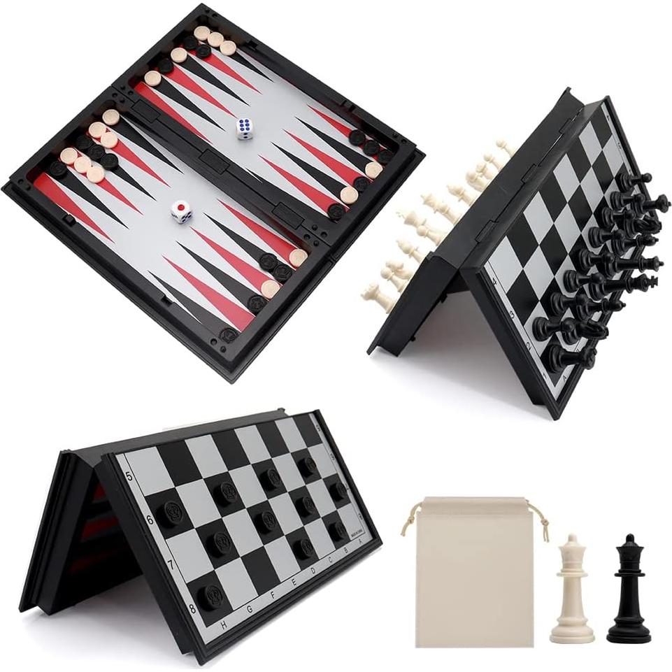 Set de Ajedrez Magnético 10" KAILE - 3 en 1 Viaje Damas Backgammon
