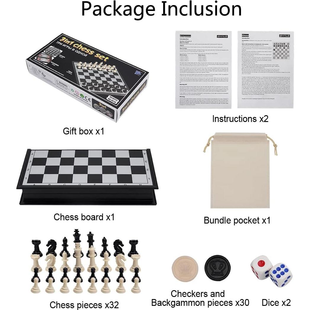 Set de Ajedrez Magnético 10" KAILE - 3 en 1 Viaje Damas Backgammon