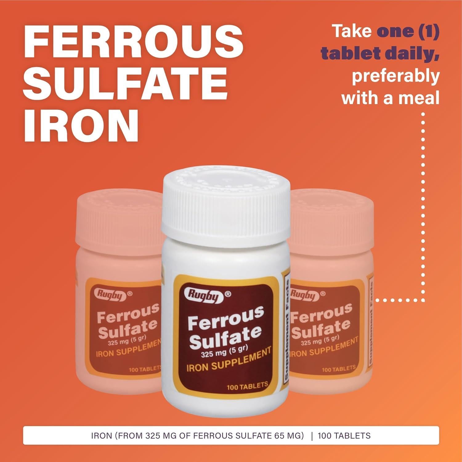 Tabletas de Sulfato Ferroso 325mg Rugby - Suplemento de Hierro 100 Unidades